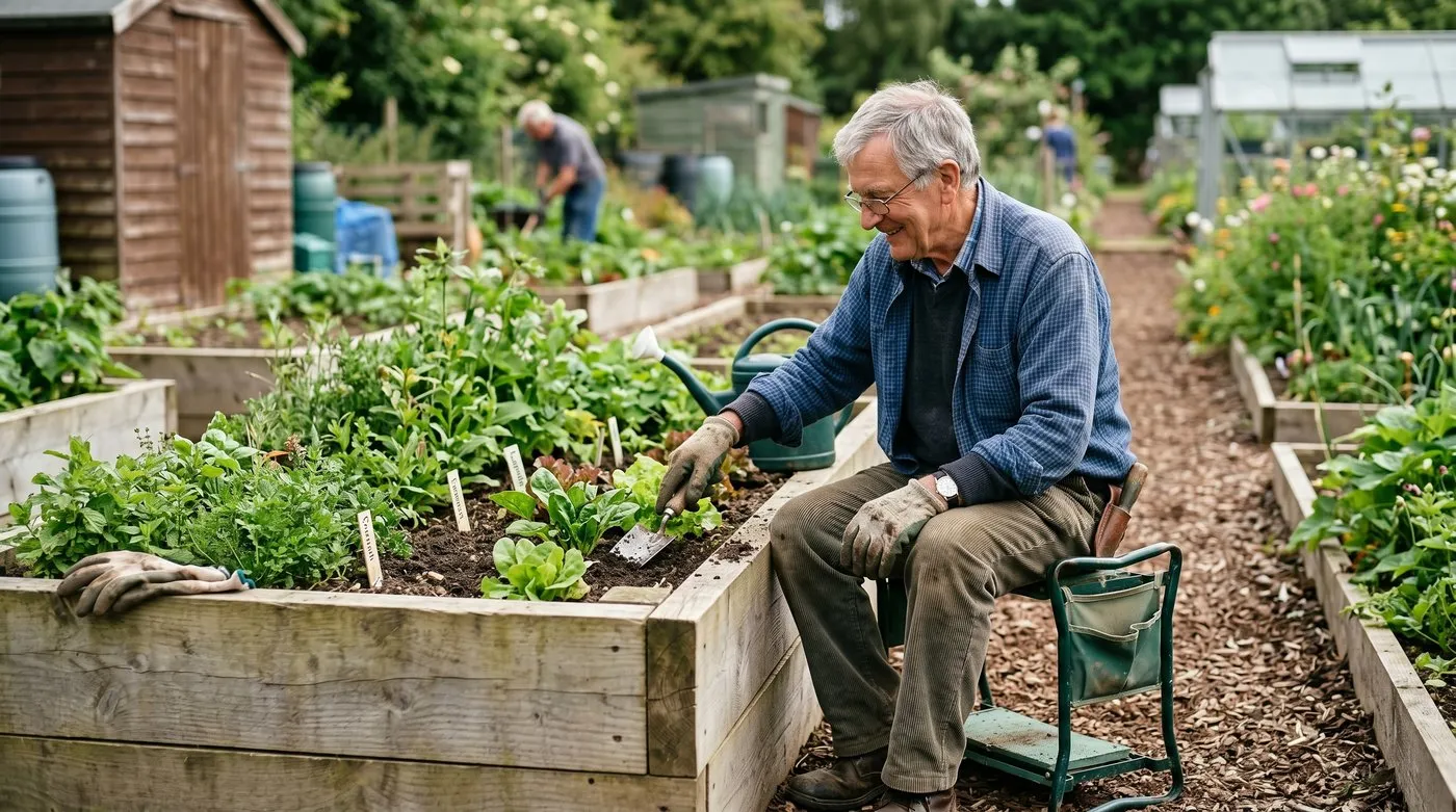 UK gardener at standing height working raised bed with kneeler stool flipped over for sitting position adapted allotment