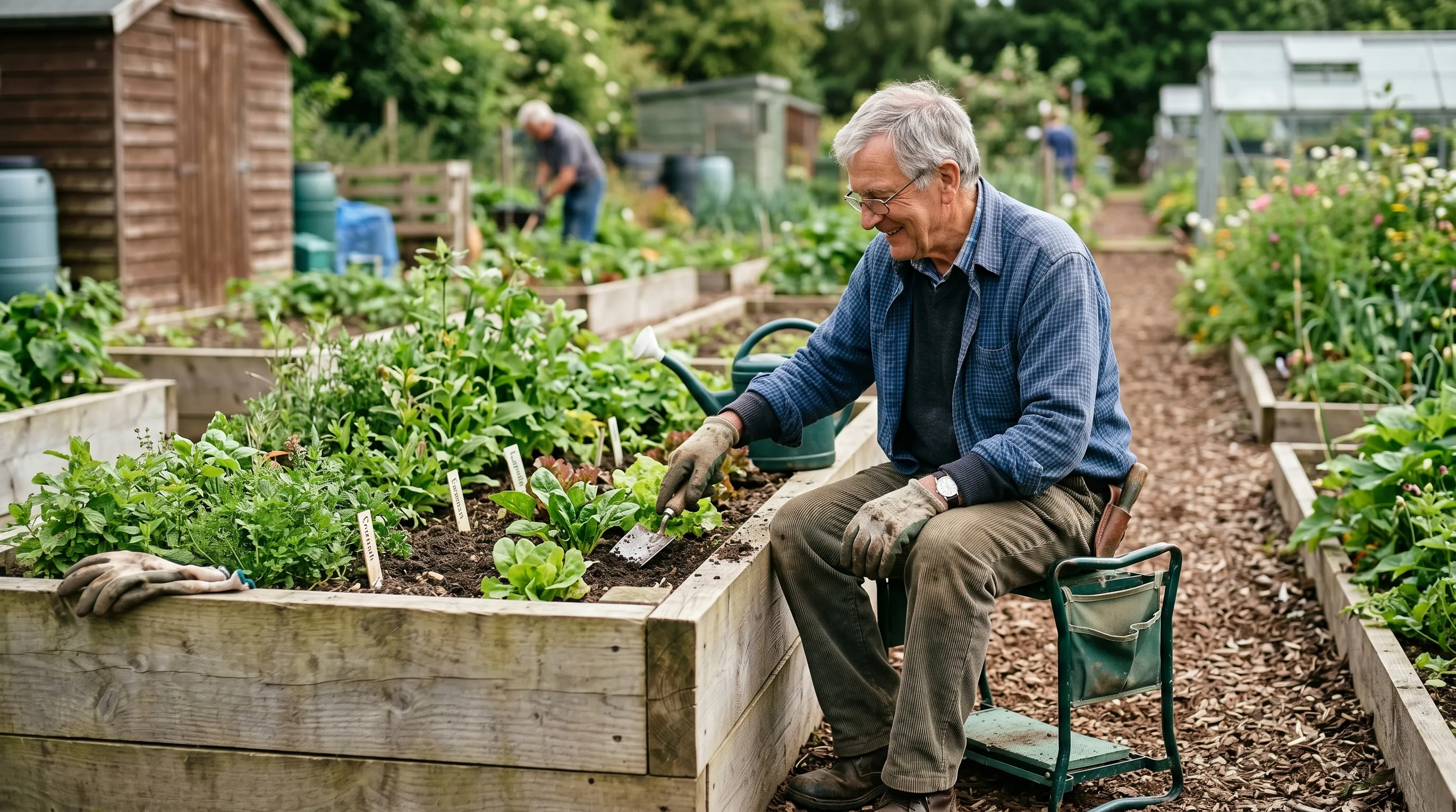 UK gardener at standing height working raised bed with kneeler stool flipped over for sitting position adapted allotment