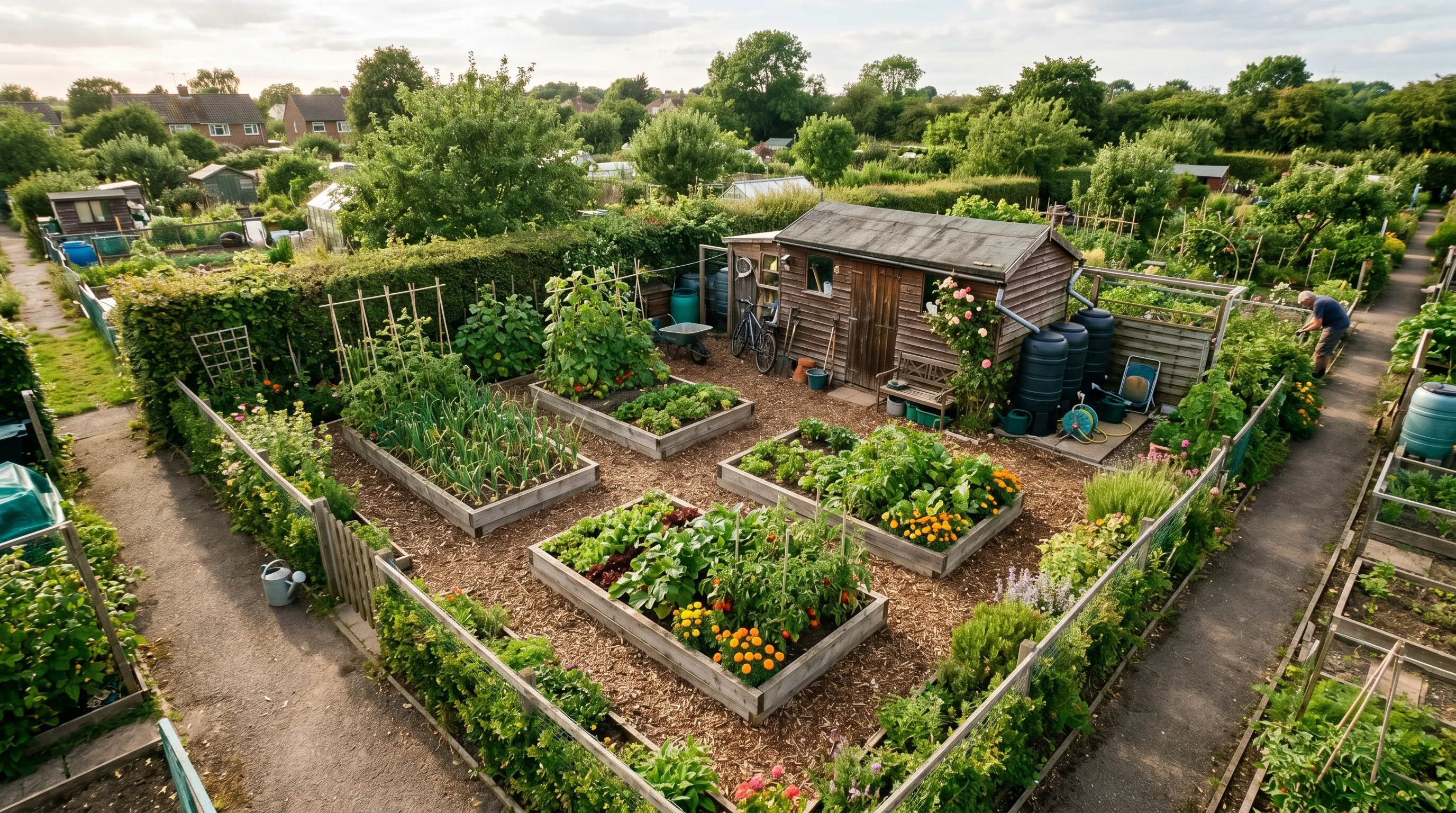 Adapted UK allotment plot 5 rod layout showing four raised beds wide paths shed and water storage in summer