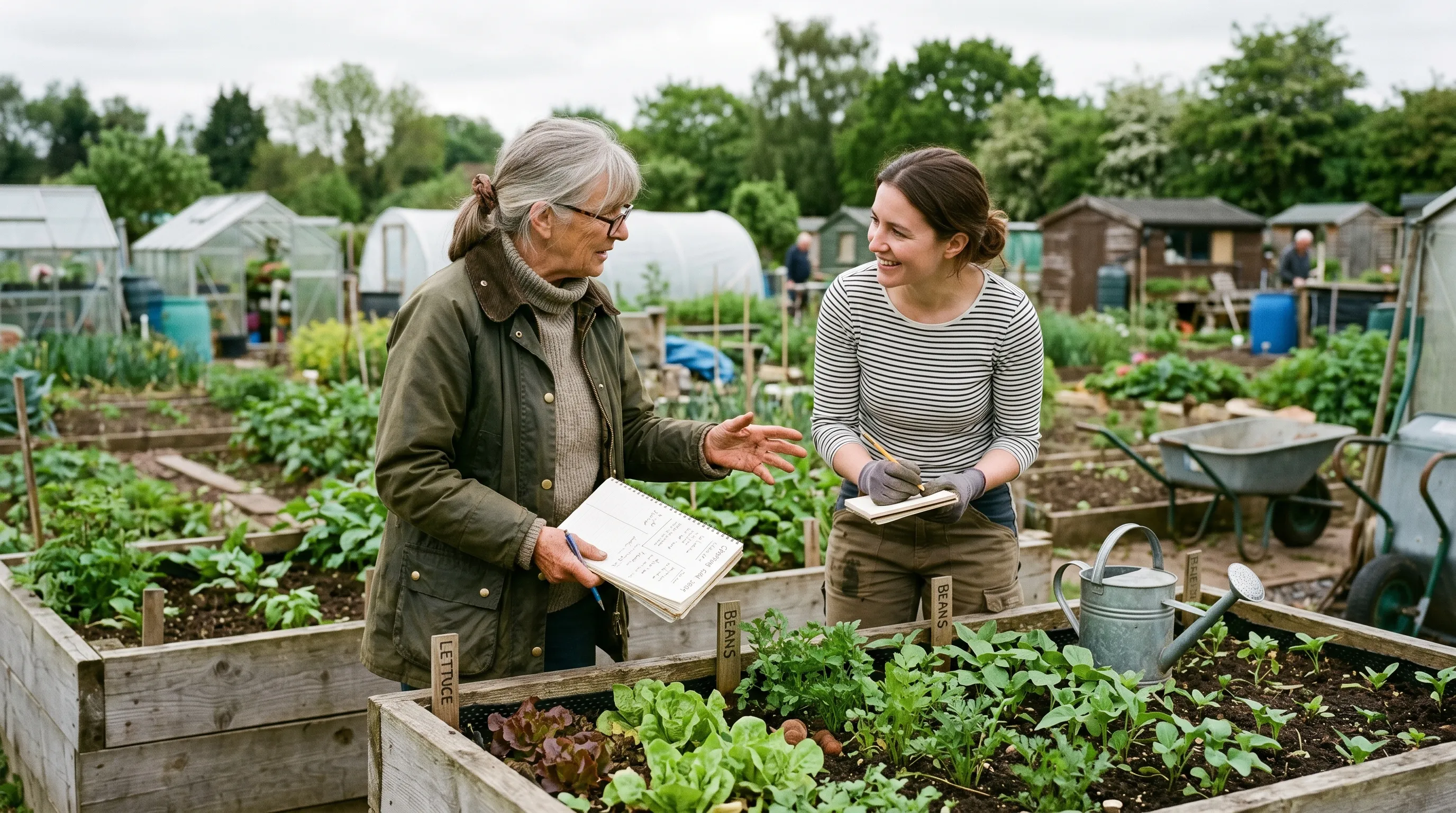 Plot share arrangement on UK allotment showing two gardeners discussing cropping plan over raised bed older and younger partner
