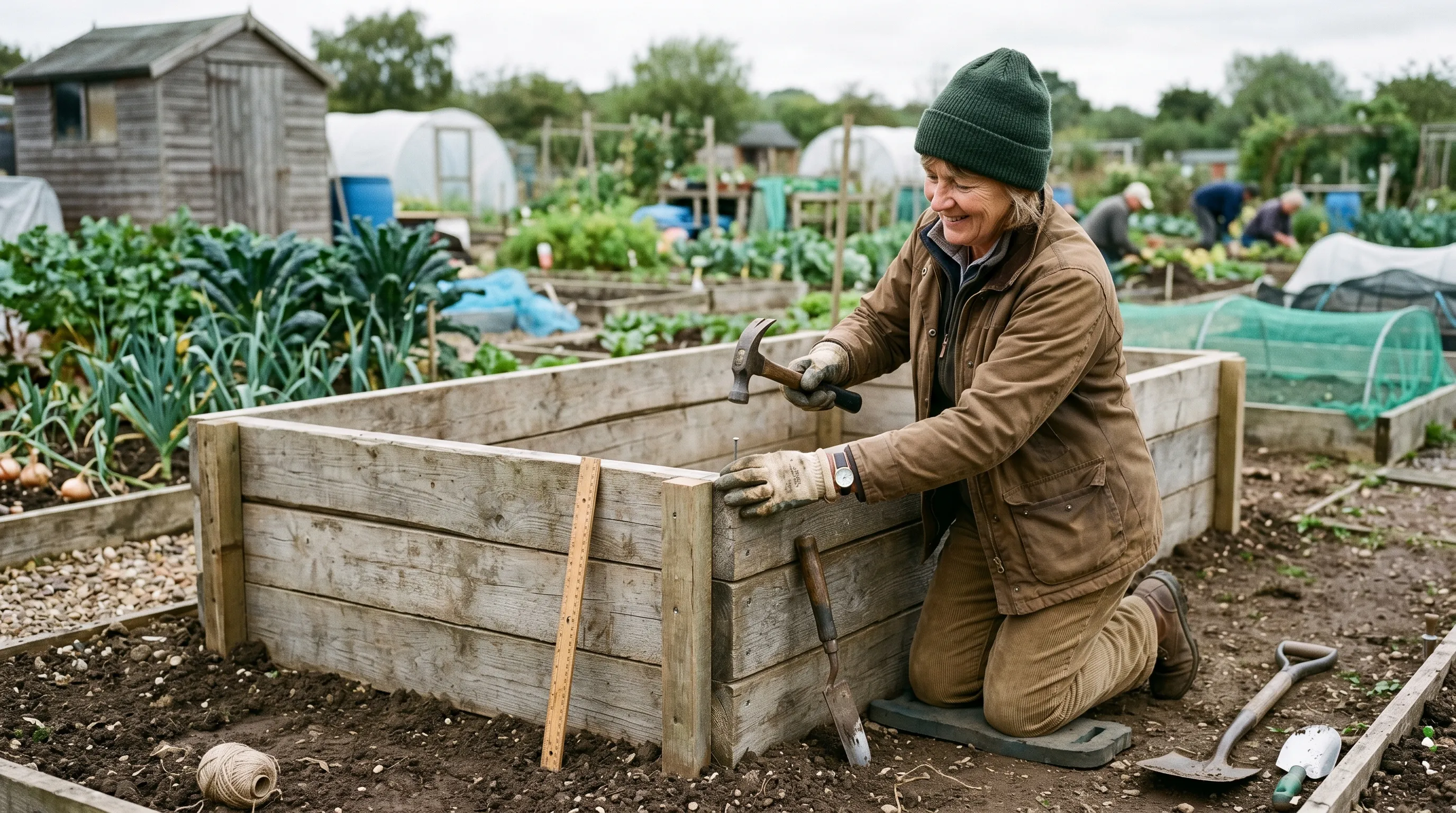 UK gardener building raised allotment bed at 70cm height from stacked scaffold boards on adapted plot
