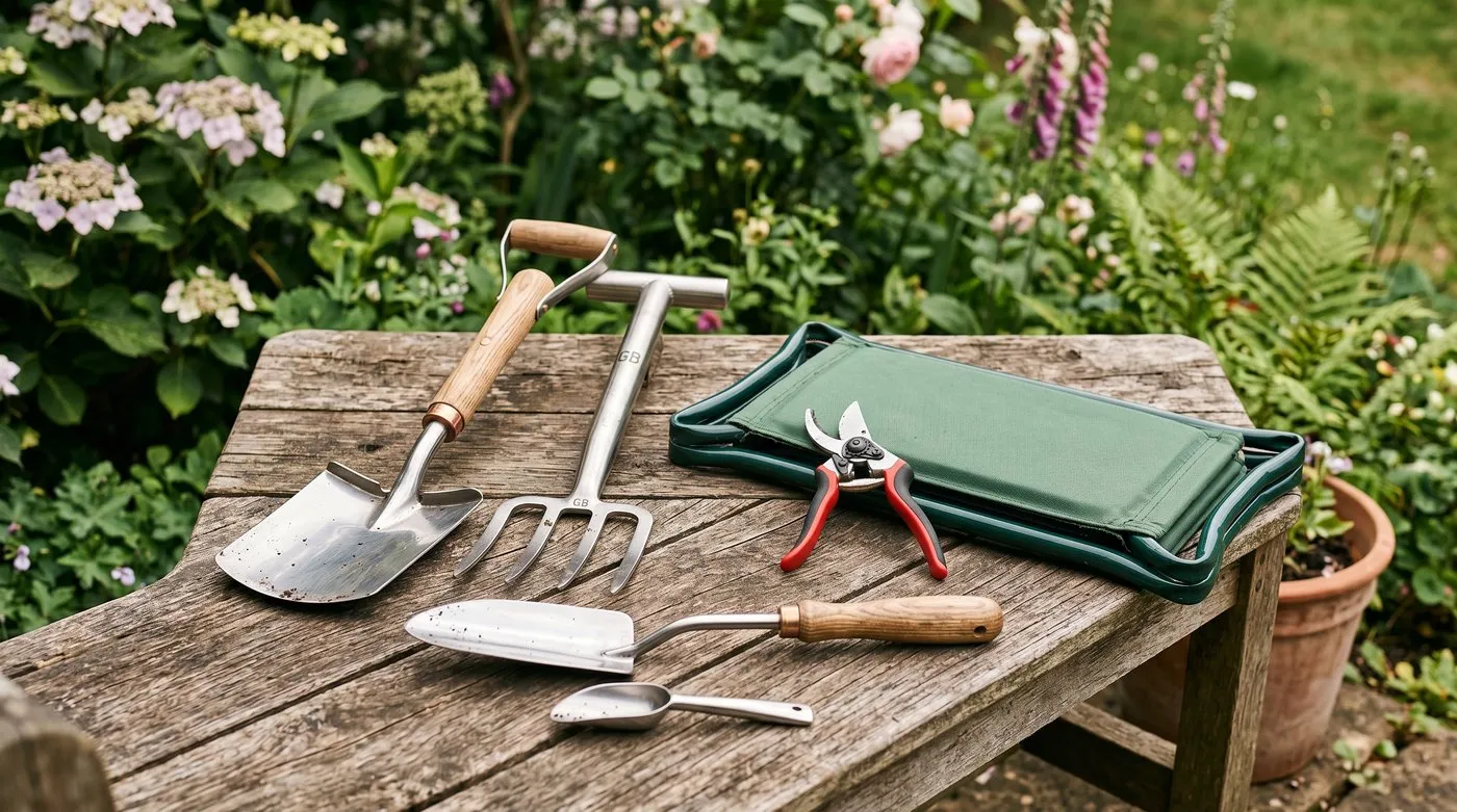 Lightweight UK gardening tool kit laid out for adapted allotment use including stainless spade fork ratchet secateurs and folding kneeler stool