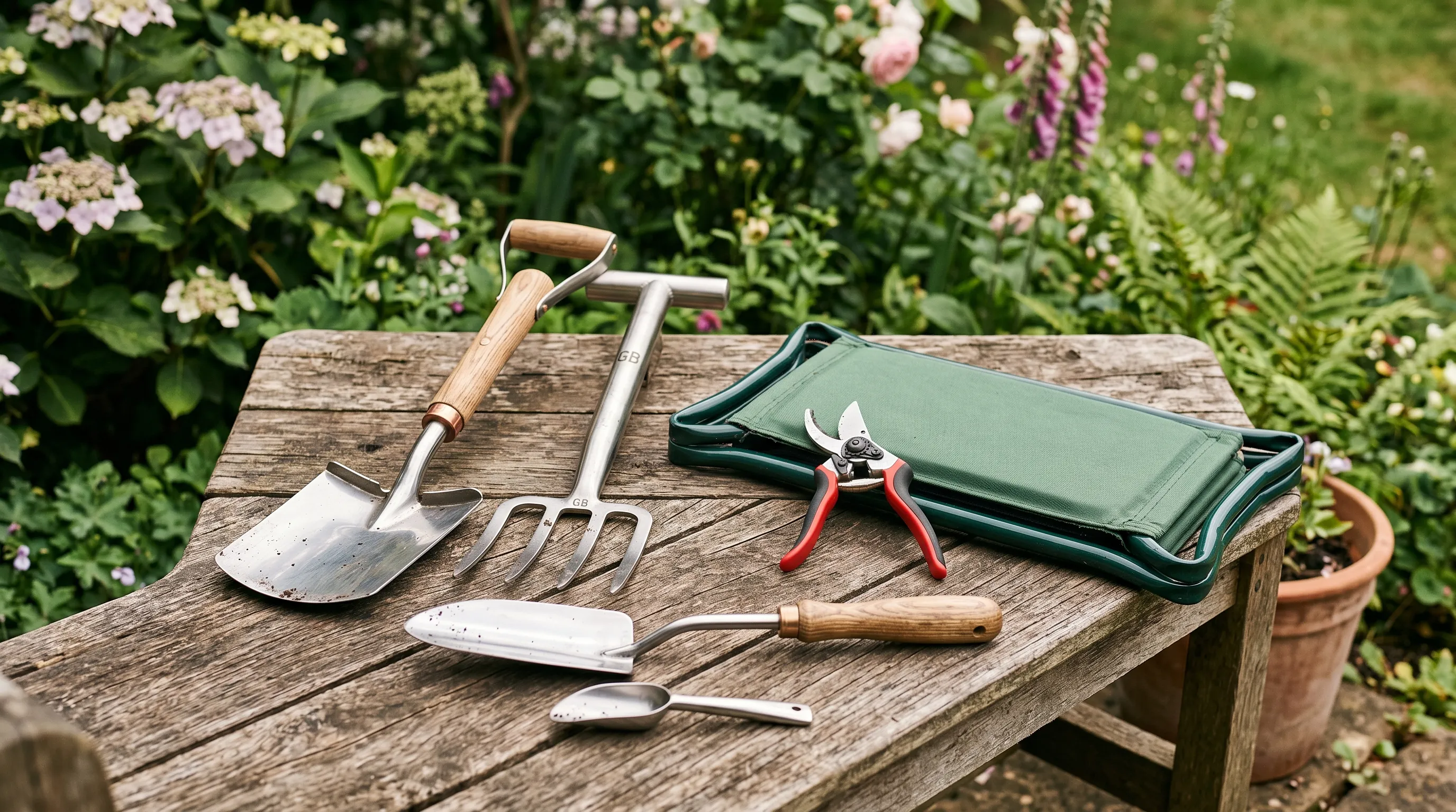 Lightweight UK gardening tool kit laid out for adapted allotment use including stainless spade fork ratchet secateurs and folding kneeler stool