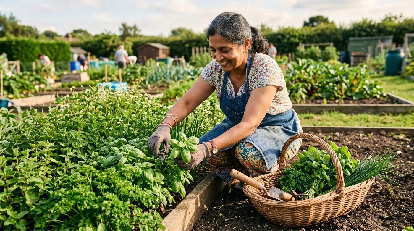 A UK gardener of South Asian heritage in summer clothes harvesting herbs from an allotment herb bed with a wicker trug containing basil parsley and chives in the afternoon sunlight