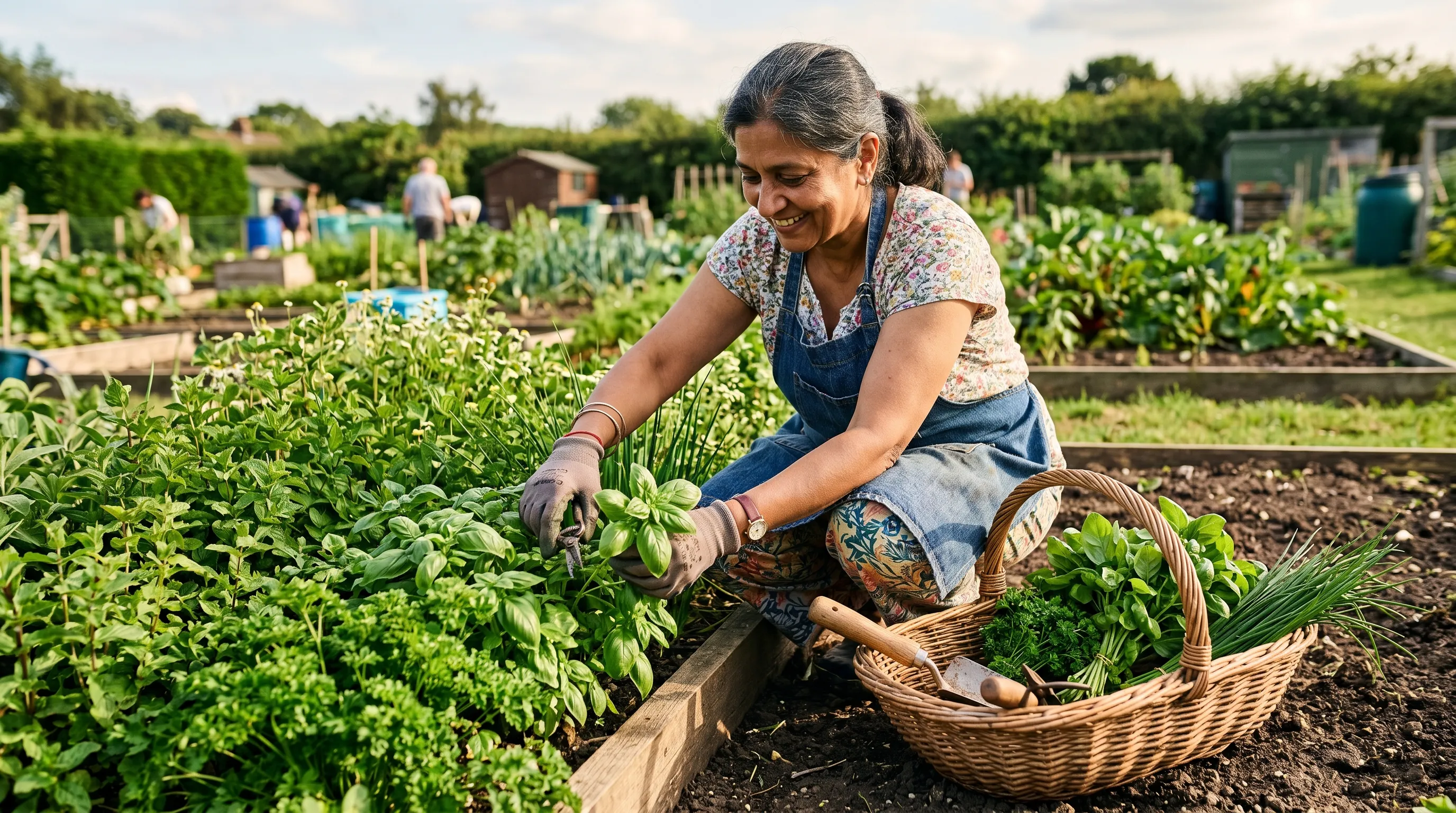 A UK gardener of South Asian heritage in summer clothes harvesting herbs from an allotment herb bed with a wicker trug containing basil parsley and chives in the afternoon sunlight
