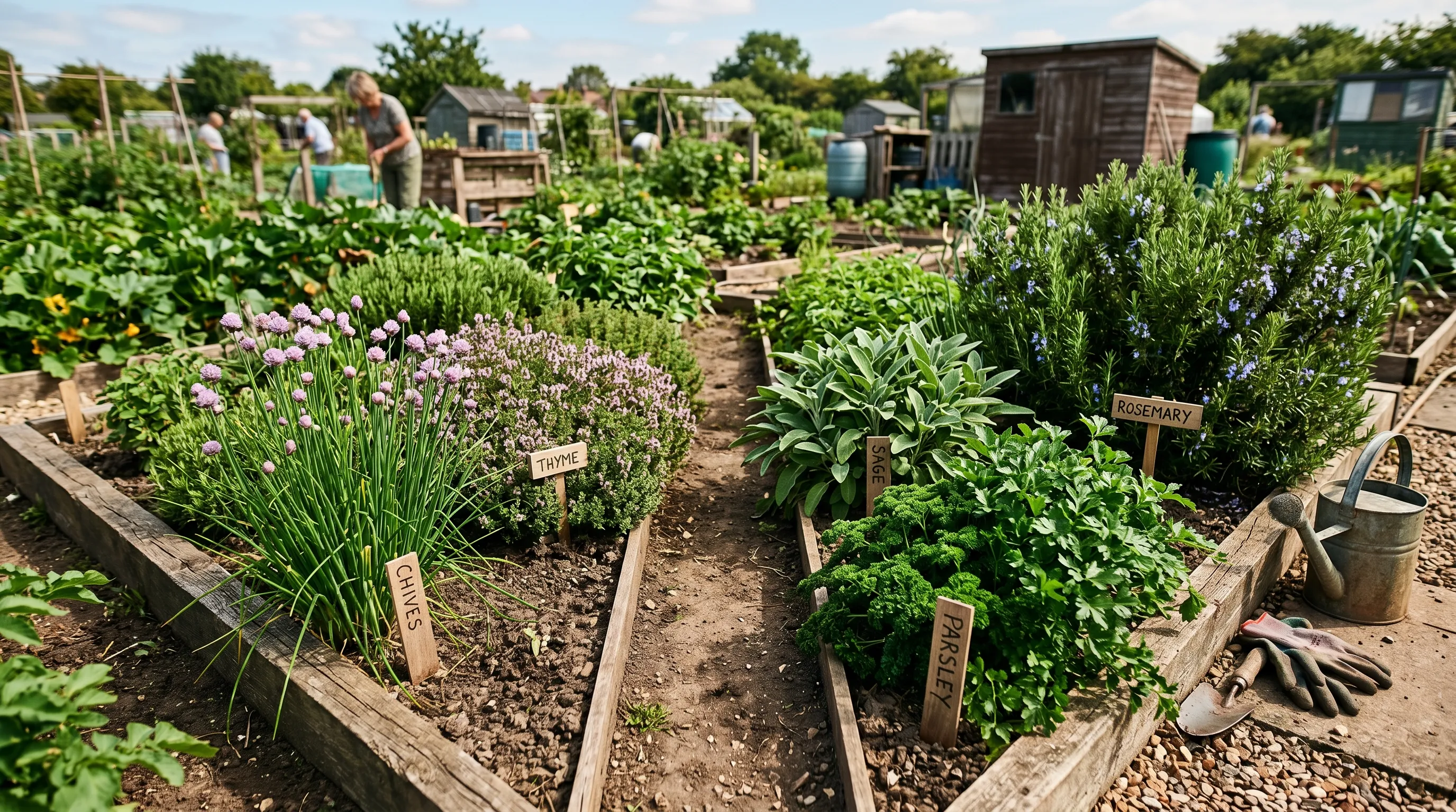 A productive UK allotment herb bed in summer with rosemary thyme chives sage and parsley arranged in a square layout with paths between and a wooden frame surround
