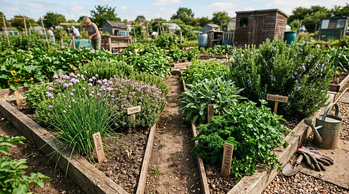 A productive UK allotment herb bed in summer with rosemary thyme chives sage and parsley arranged in a square layout with paths between and a wooden frame surround