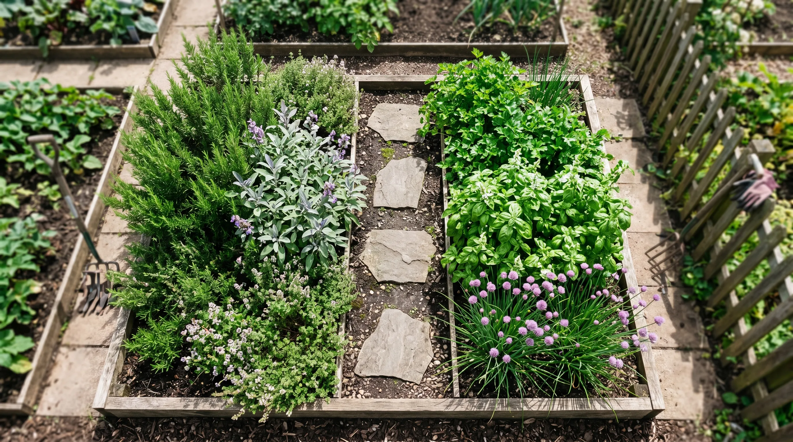 Aerial overhead view of a 2x2 metre allotment herb bed in mid summer with rosemary sage and thyme on one side and parsley basil and chives on the other with stepping stones between
