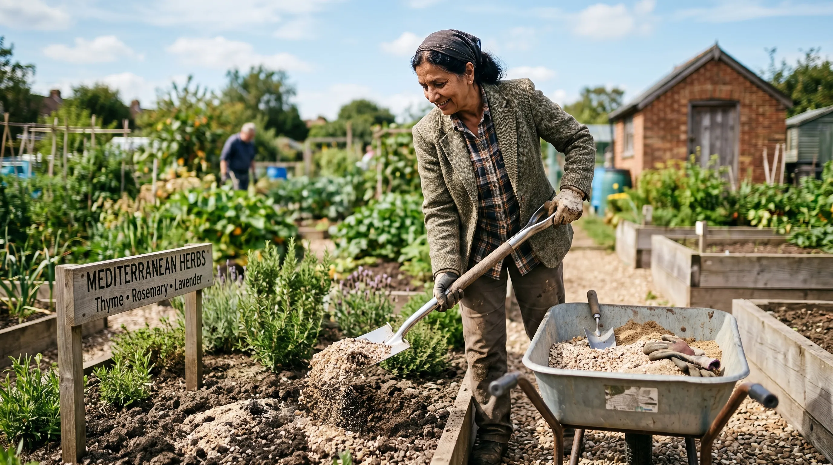 A UK gardener of Indian heritage preparing the Mediterranean zone of an allotment herb bed with a spade mixing grit and sand into the soil with a wheelbarrow of materials beside