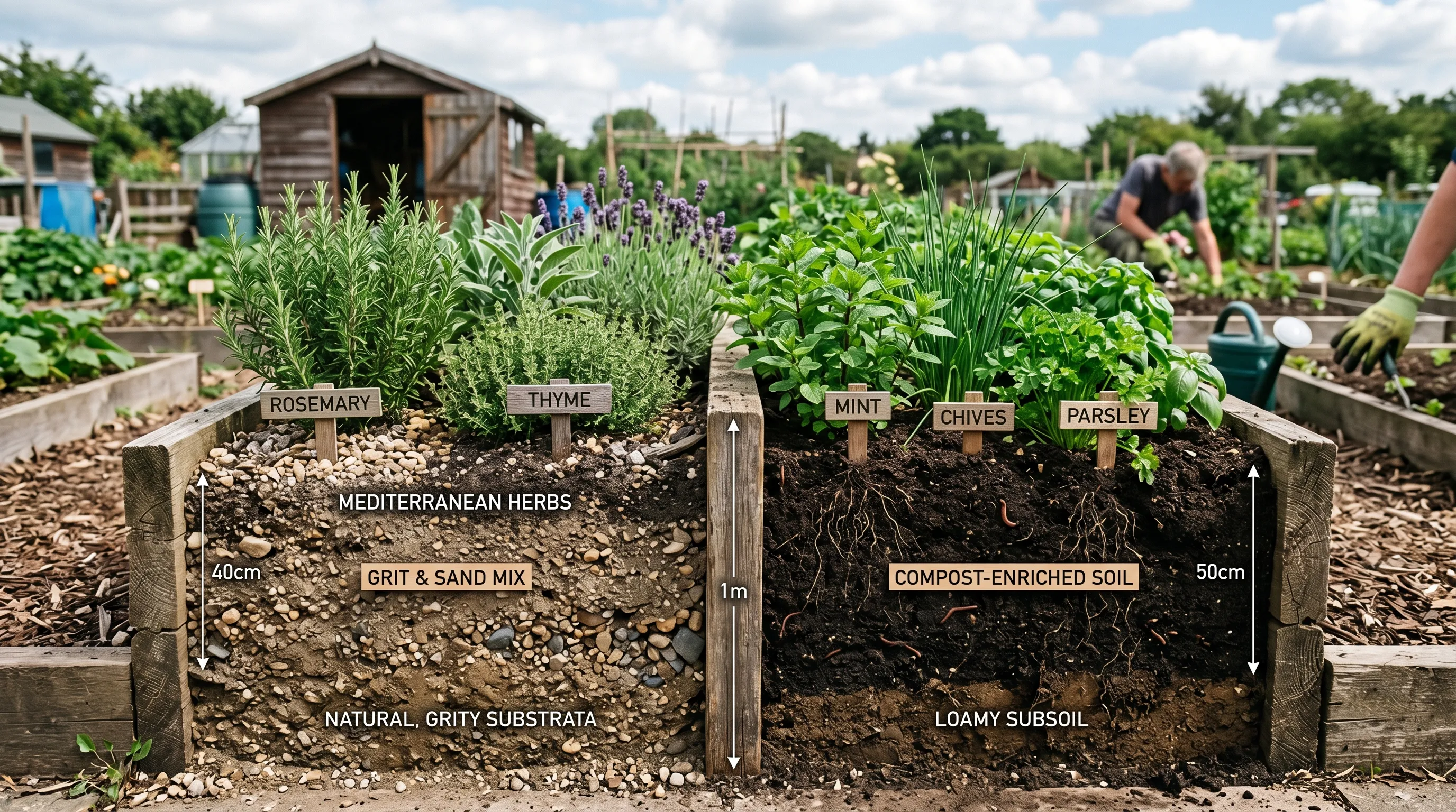 Cross-section diagram view of a UK allotment herb bed showing soil profile with grit and sand on Mediterranean zone and compost-enriched soil on soft herb zone with timber divider between