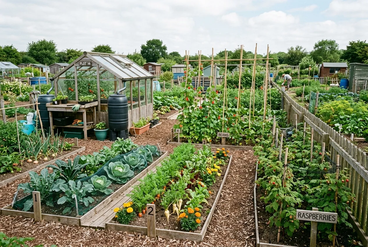 Allotment layout full plot with crop rotation beds and productive zones on a UK allotment