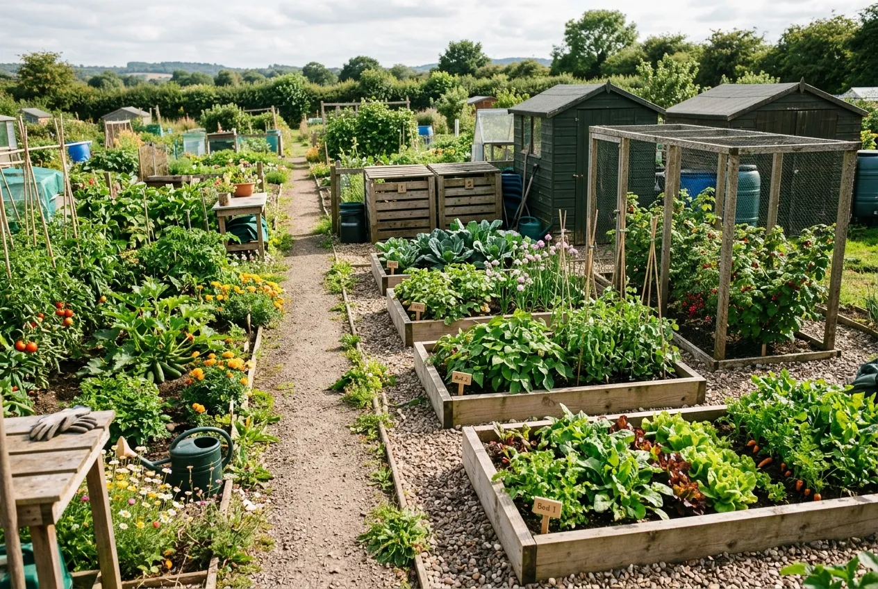 Allotment layout half plot plan with raised beds and central path in a UK allotment