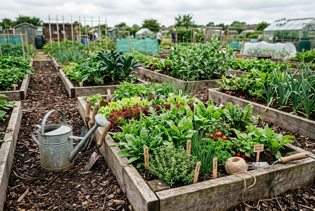 Allotment layout raised beds with bark chip paths between timber-edged growing beds