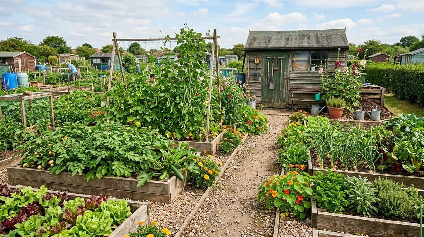 Well-planned UK allotment layout with raised beds, wide central path, and productive growing zones in spring morning light