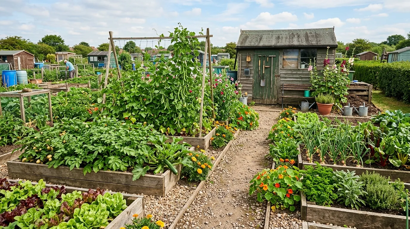 Well-planned UK allotment layout with raised beds, wide central path, and productive growing zones in spring morning light