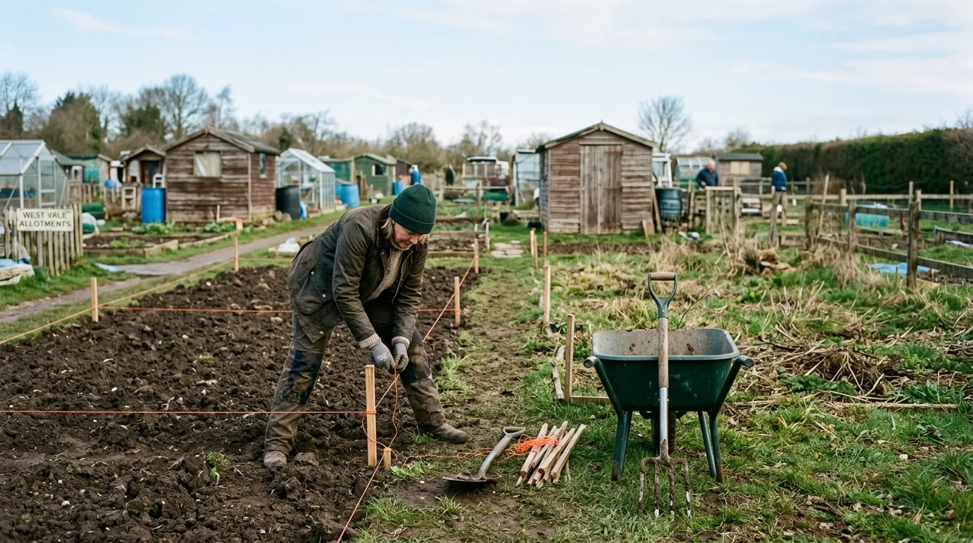 New allotment holder preparing a plot with paths and beds marked out