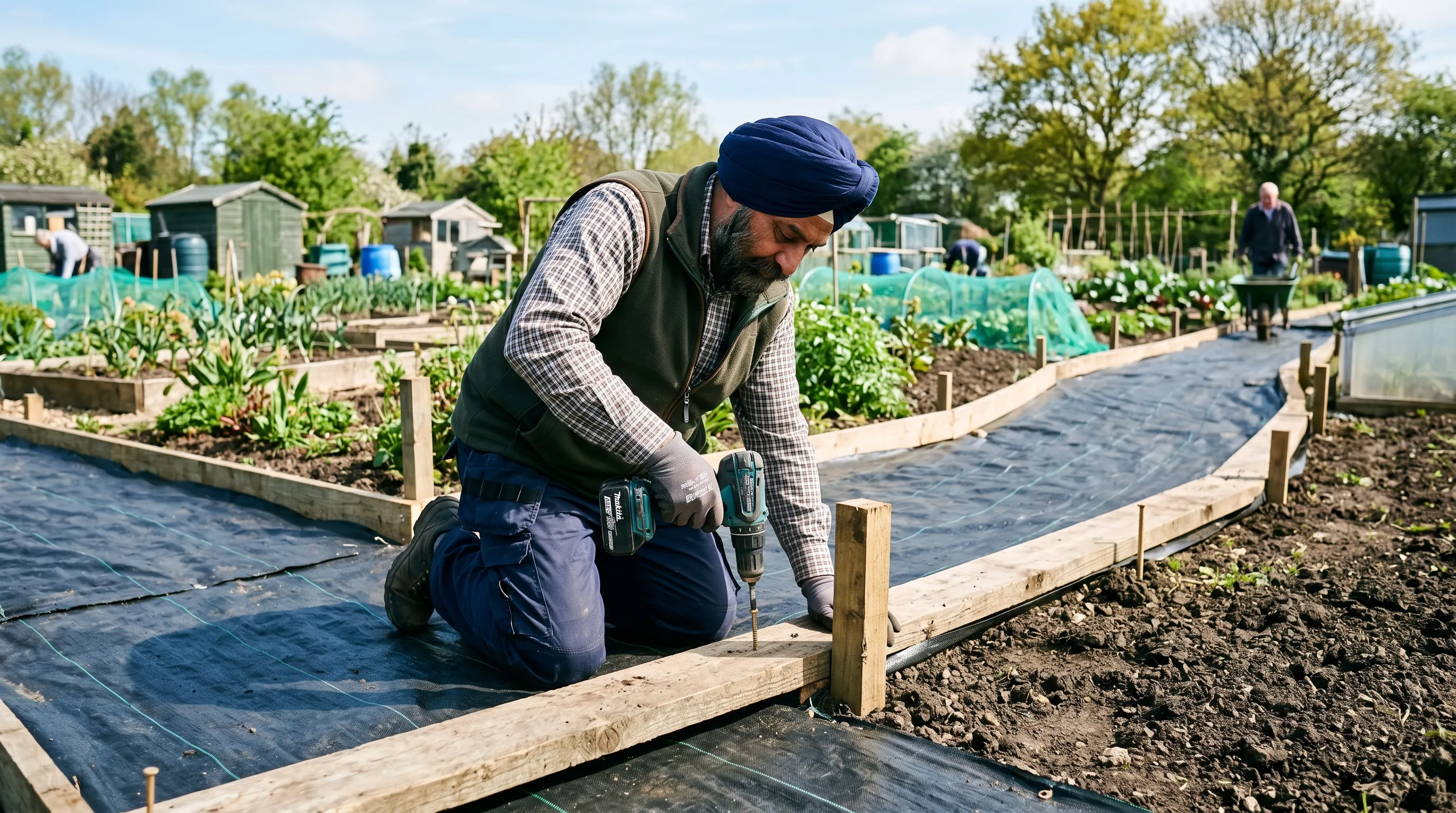 Allotment path under construction with weed membrane laid and timber edging being screwed into ground stakes by a Sikh gardener wearing a turban