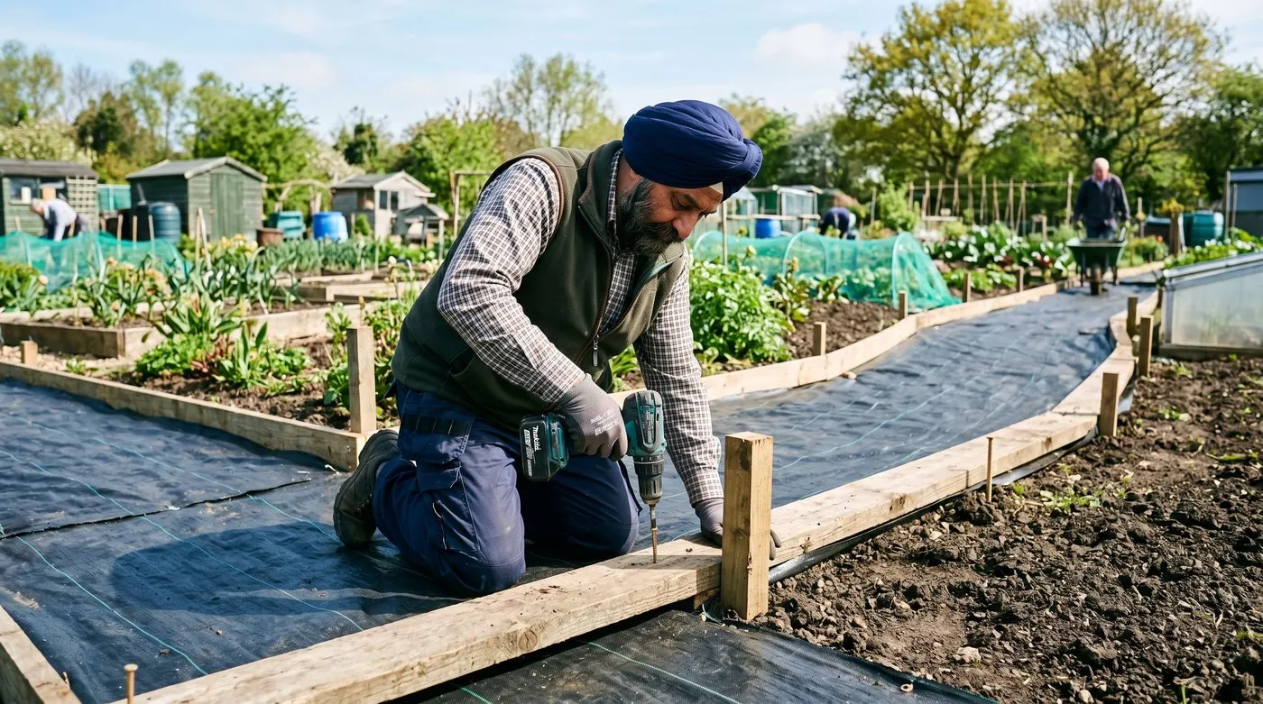 Allotment path under construction with weed membrane laid and timber edging being screwed into ground stakes by a Sikh gardener wearing a turban