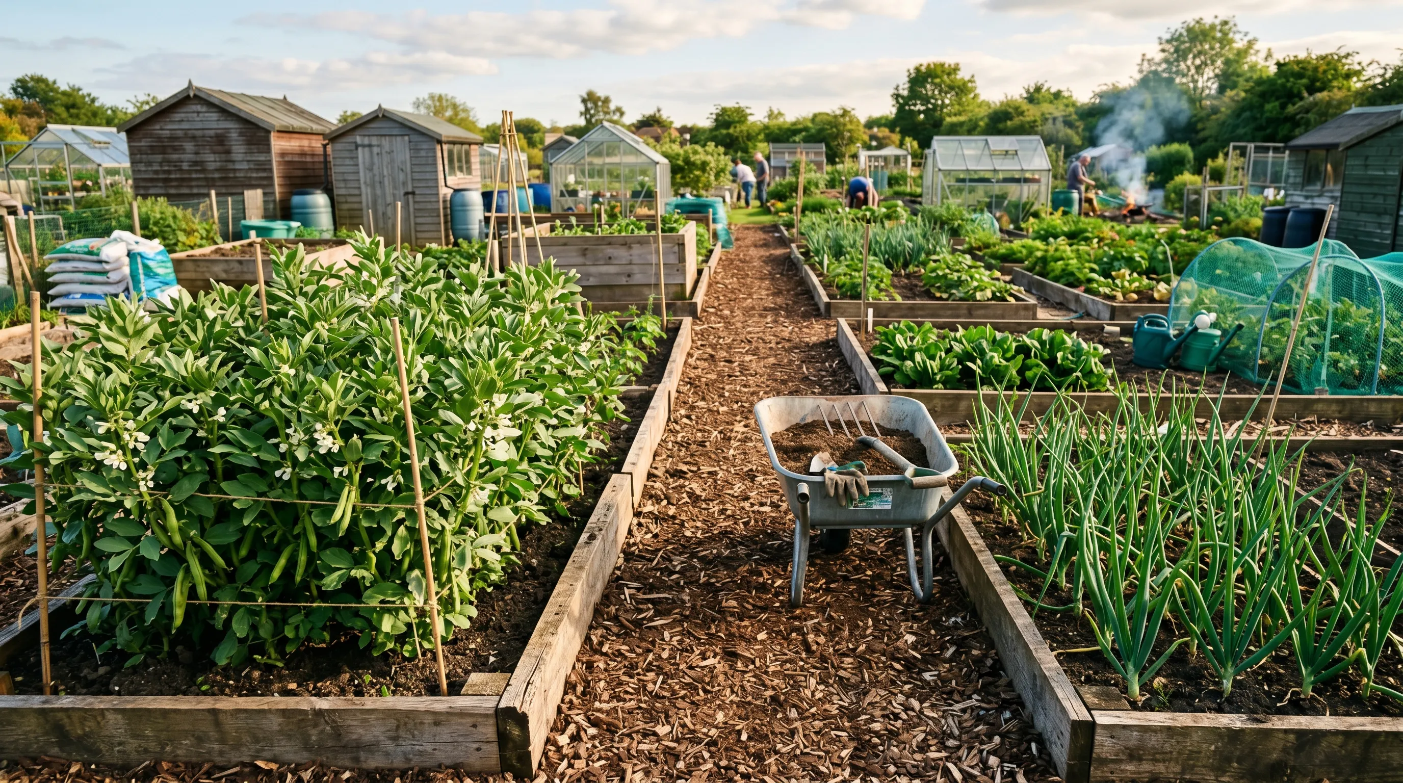 UK allotment plot with woodchip and slab paths between raised beds in late spring with a wheelbarrow on the central spine path