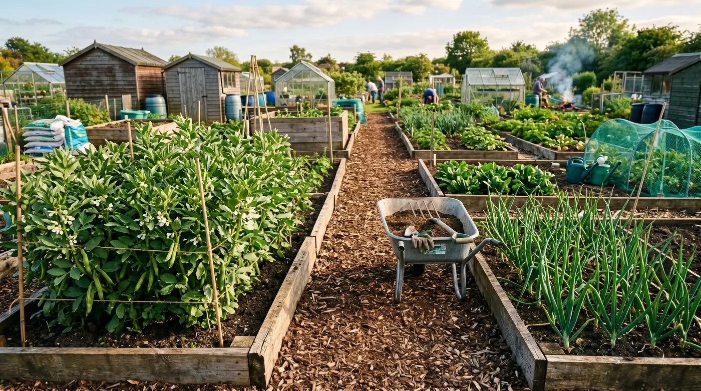UK allotment plot with woodchip and slab paths between raised beds in late spring with a wheelbarrow on the central spine path