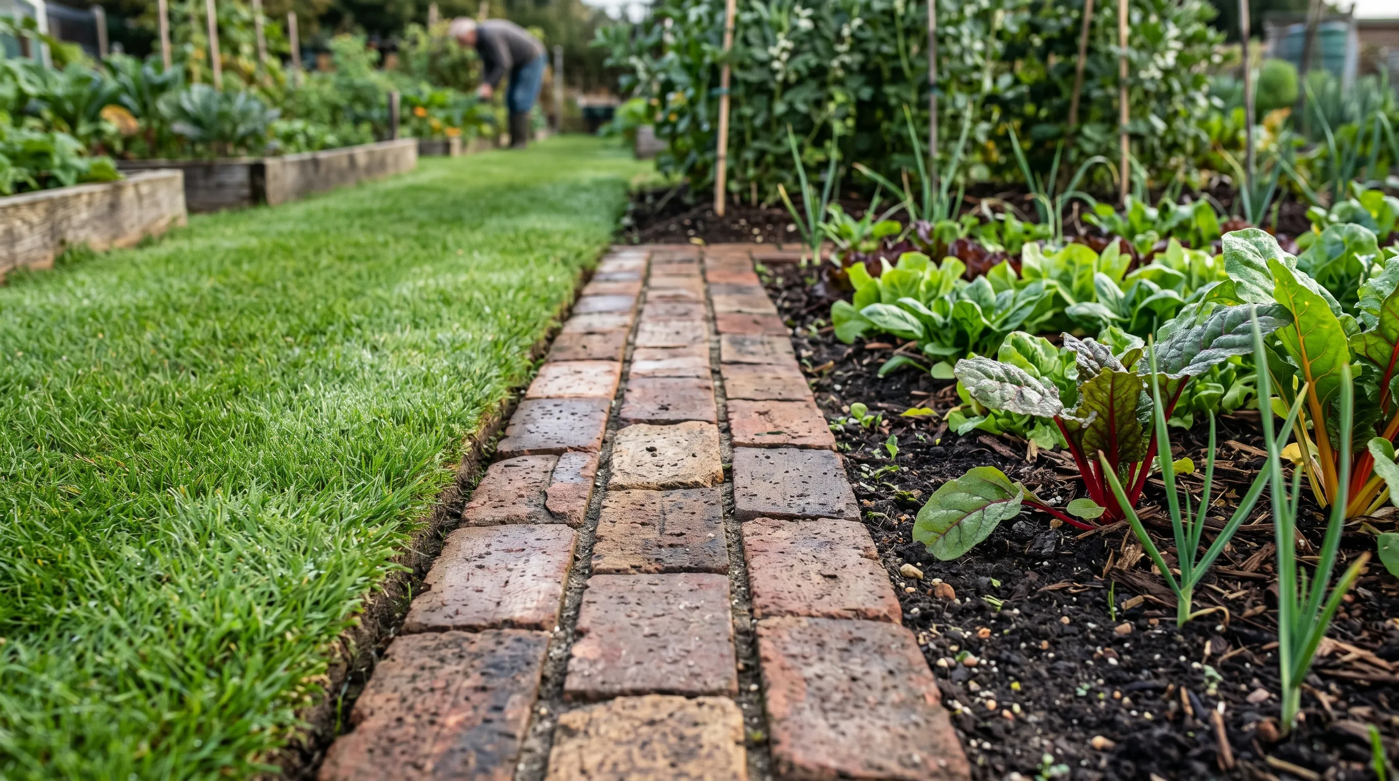 Hard mowing strip of brick paviours set flush with grass between a grass path and a cultivated raised bed on a UK allotment