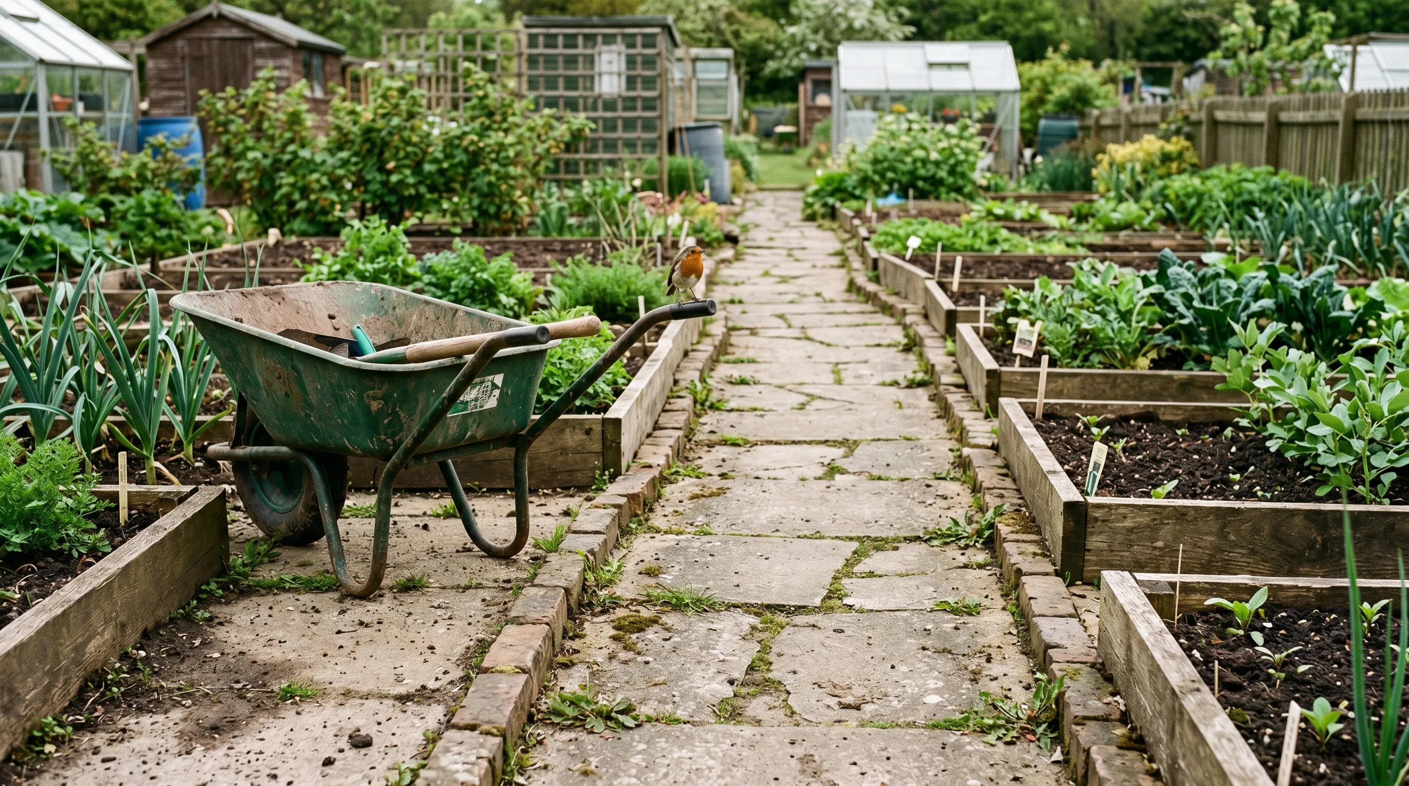 Allotment plot with reclaimed concrete slab path laid on sand between cultivated raised beds with bricks edging and a wheelbarrow parked beside