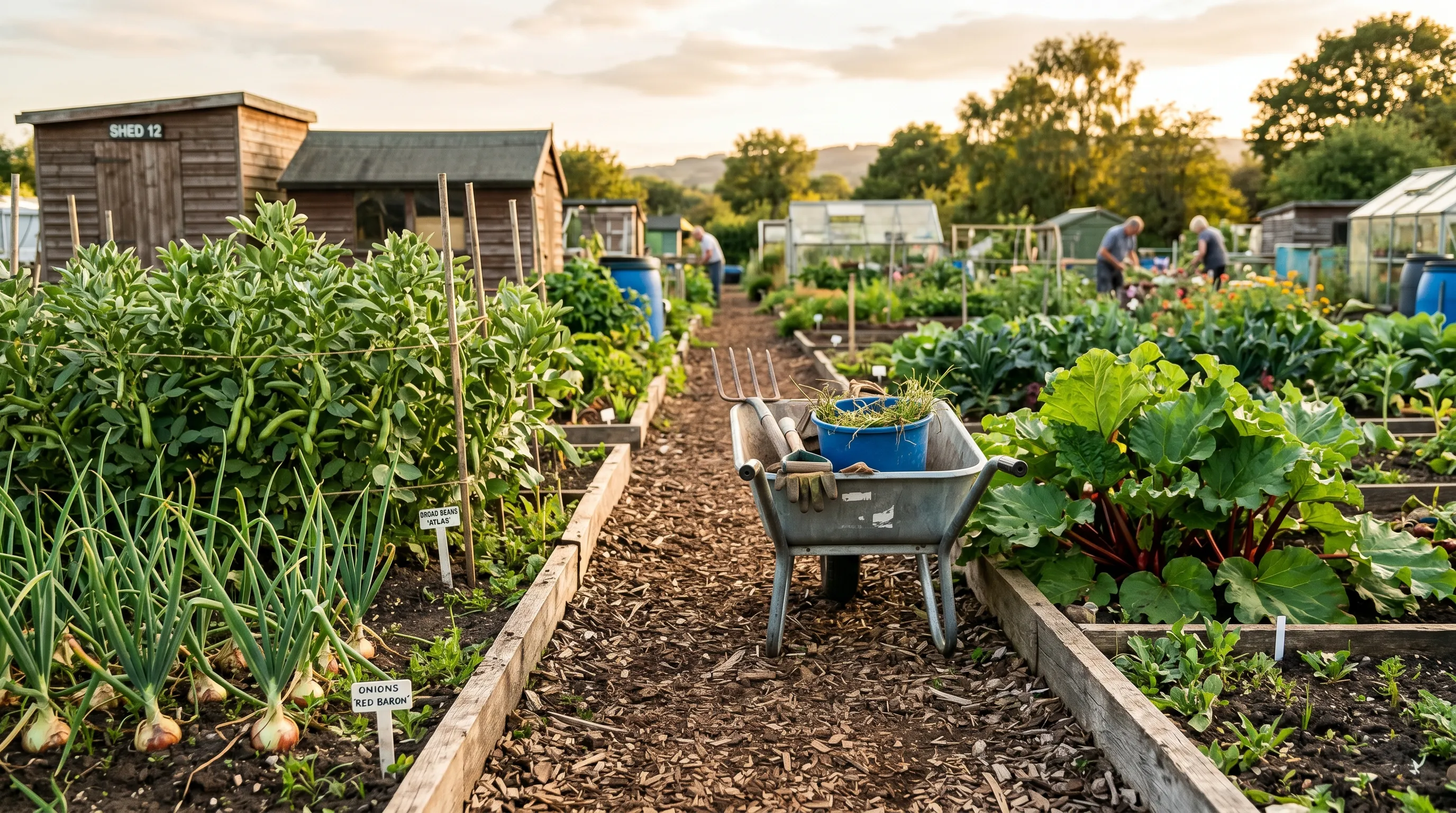 Wide spine path of woodchip with timber edges running between cultivated raised beds on a UK allotment with a wheelbarrow mid-path