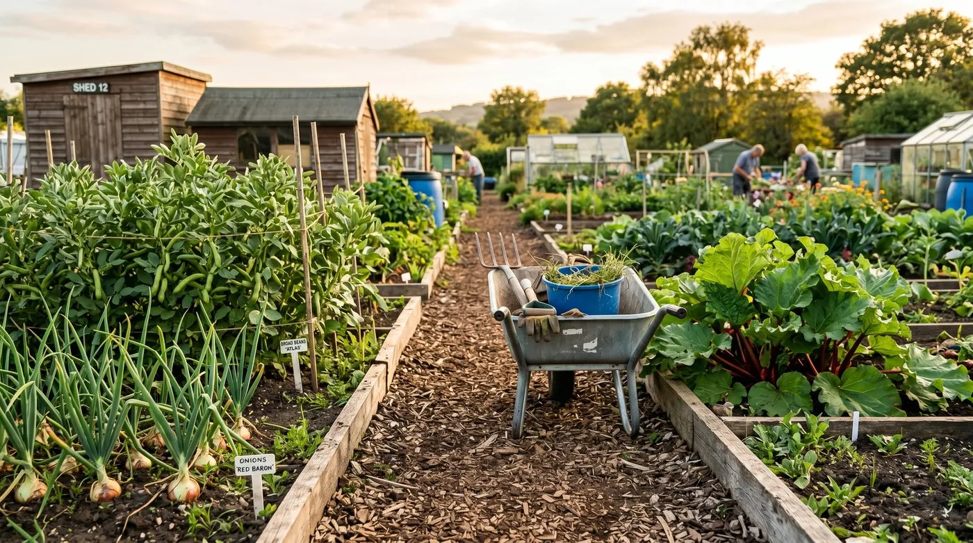 Wide spine path of woodchip with timber edges running between cultivated raised beds on a UK allotment with a wheelbarrow mid-path