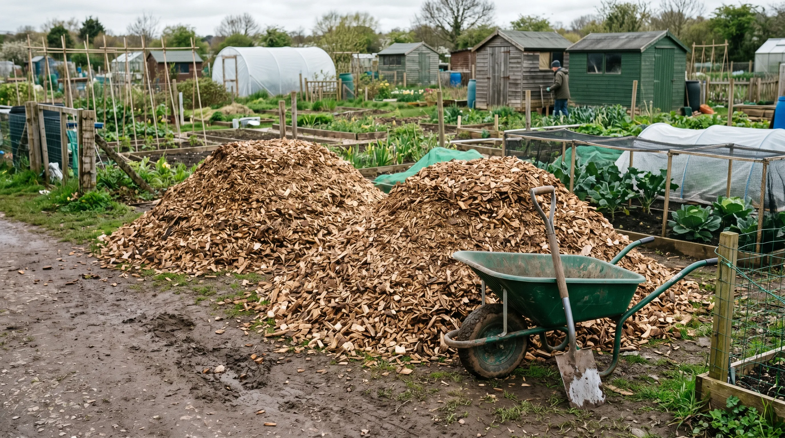 Two large piles of fresh hardwood woodchip from a tree surgeon delivery on a UK allotment site with a wheelbarrow and shovel