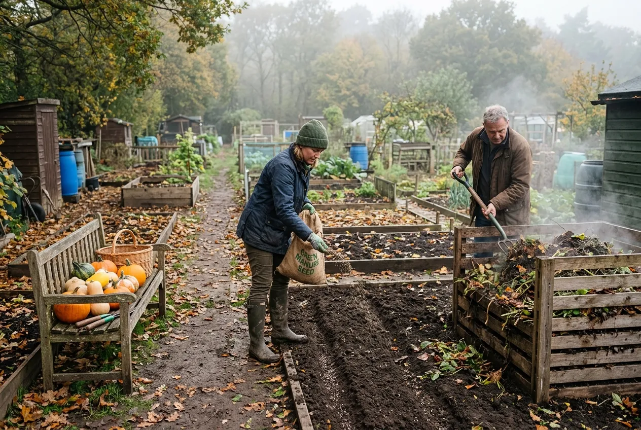 Allotment planner autumn preparation with green manure sowing and compost turning