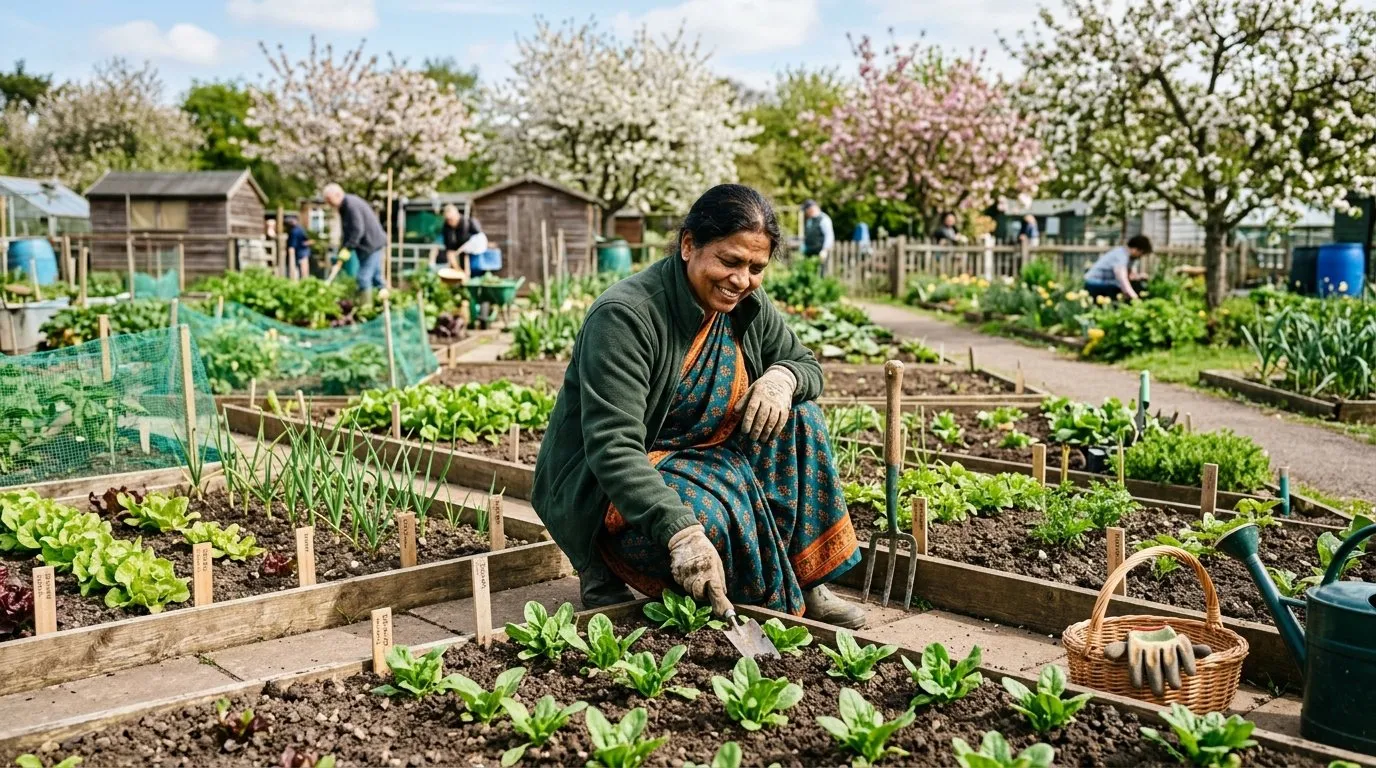 Allotment planner showing well-organised UK allotment plot in spring with neat vegetable rows