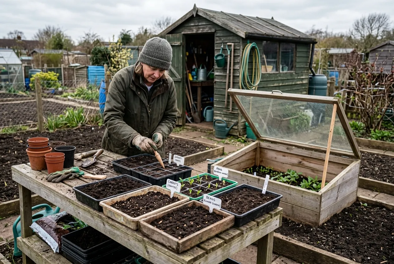 Allotment planner spring sowing with seed trays and modules on a potting bench
