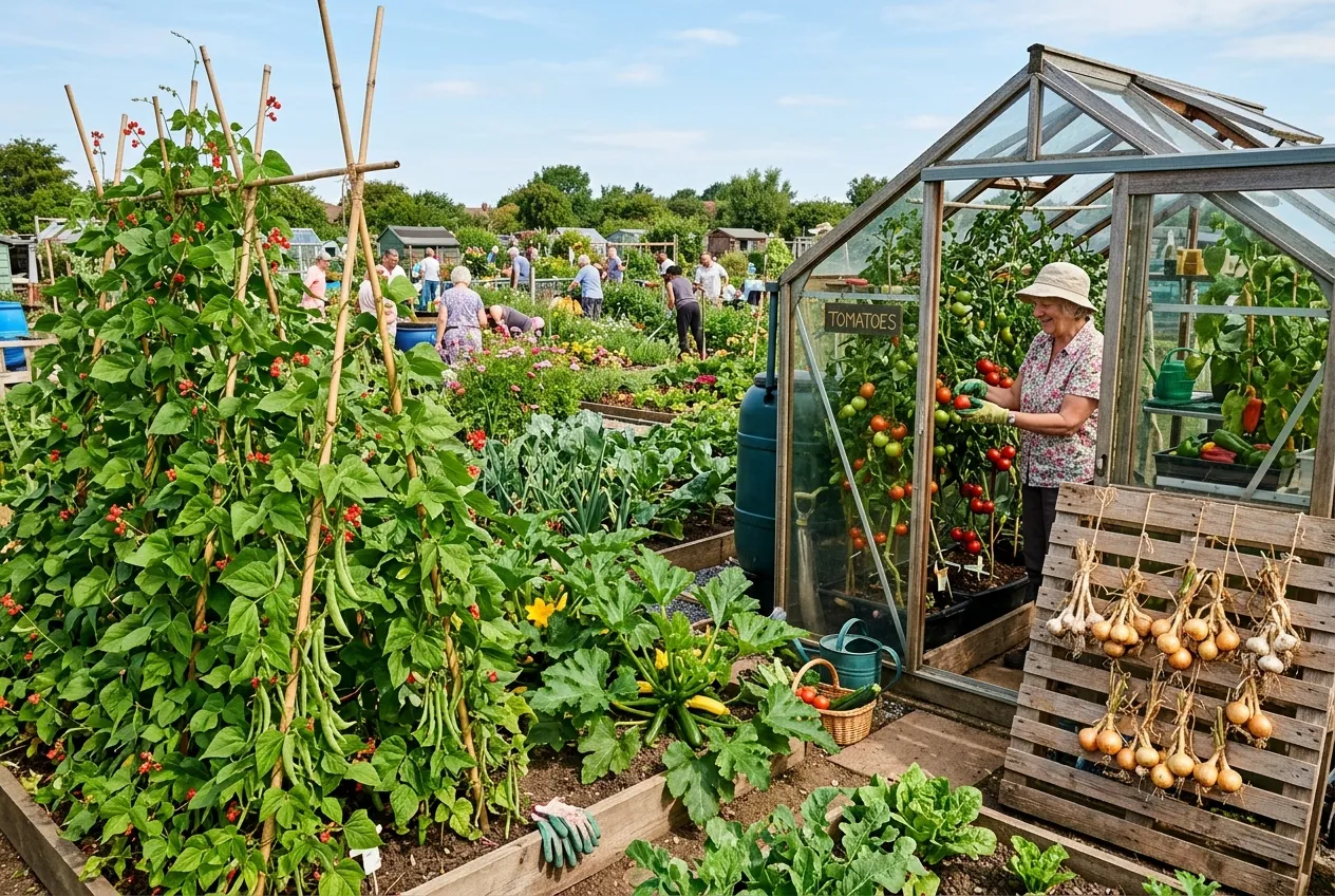 Allotment planner summer harvest with runner beans, tomatoes, and onions drying on a rack
