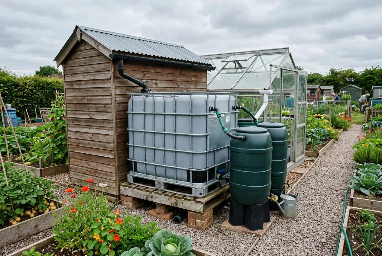 Multiple allotment water storage containers connected together for rainwater harvesting on a UK allotment