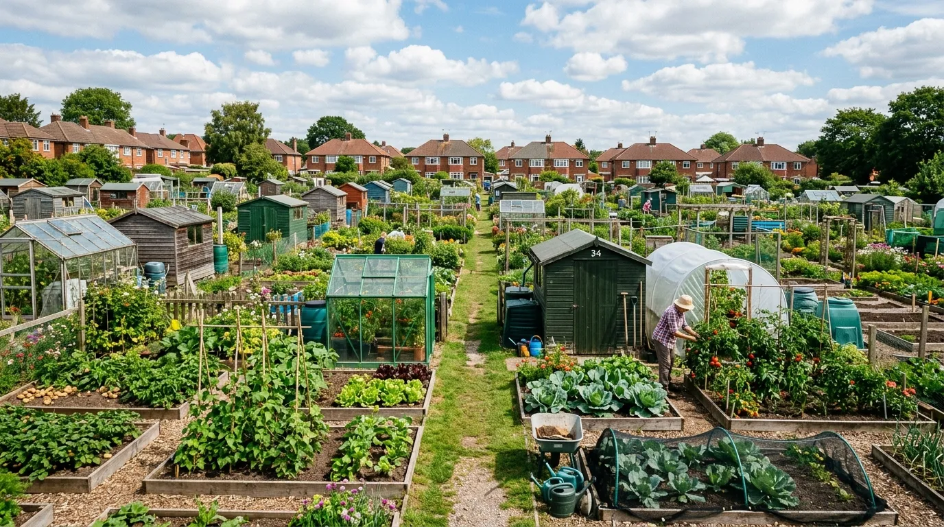 UK allotment plot with raised beds vegetables and a shed showing allotment rules