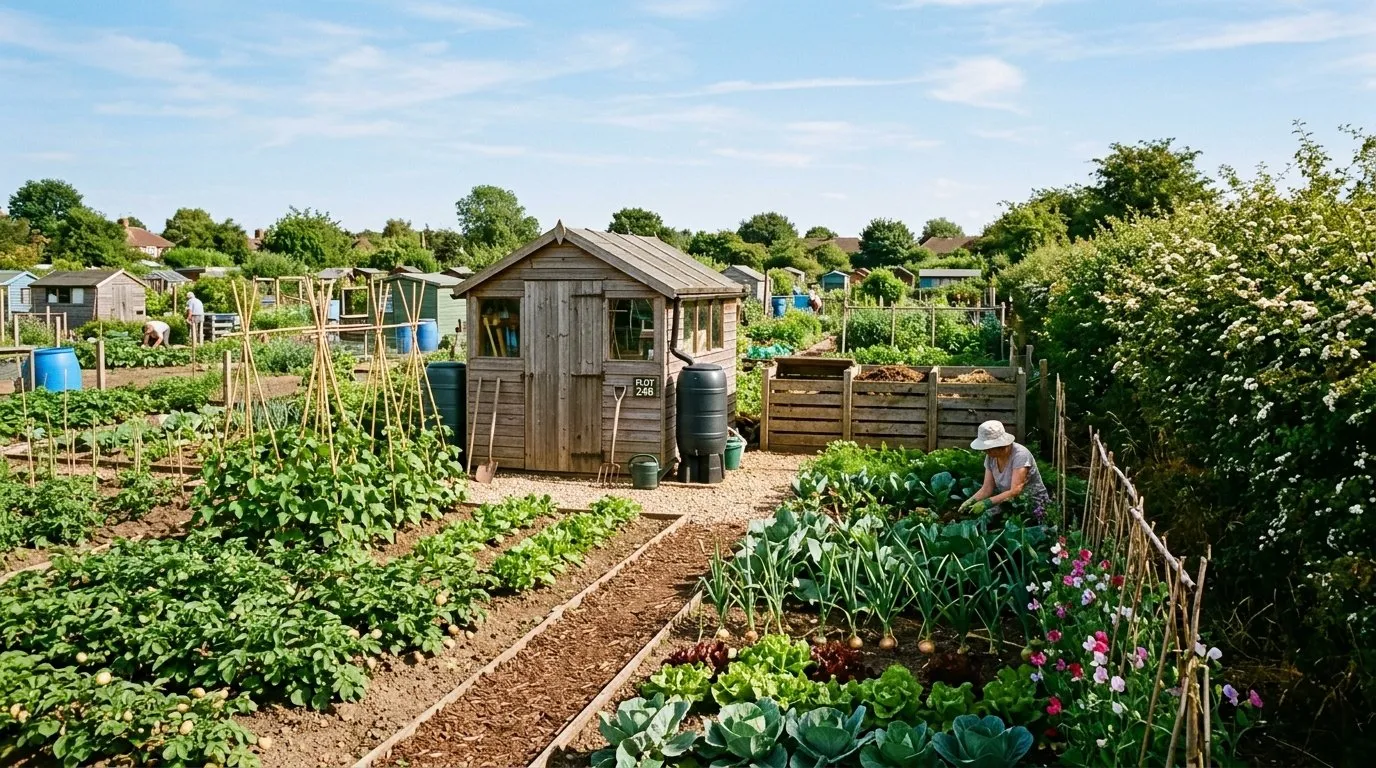UK allotment plot with raised beds vegetables and a shed showing allotment rules