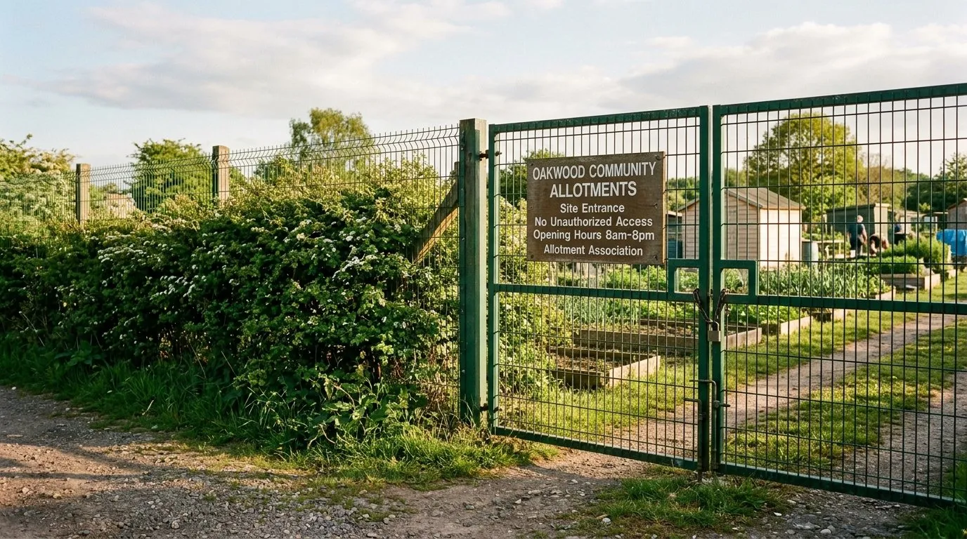 Tall green weldmesh perimeter fence with a closed gate at the entrance to a UK allotment site