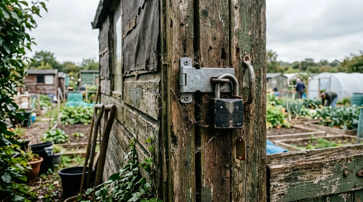 Allotment shed with closed-shackle padlock providing UK allotment security against theft
