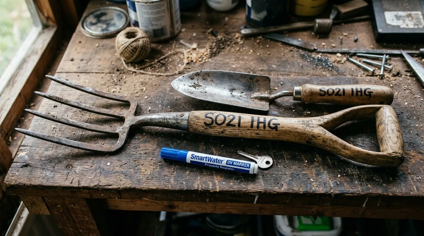 UV pen and postcode marking on a garden fork handle and trowel showing tool marking for security