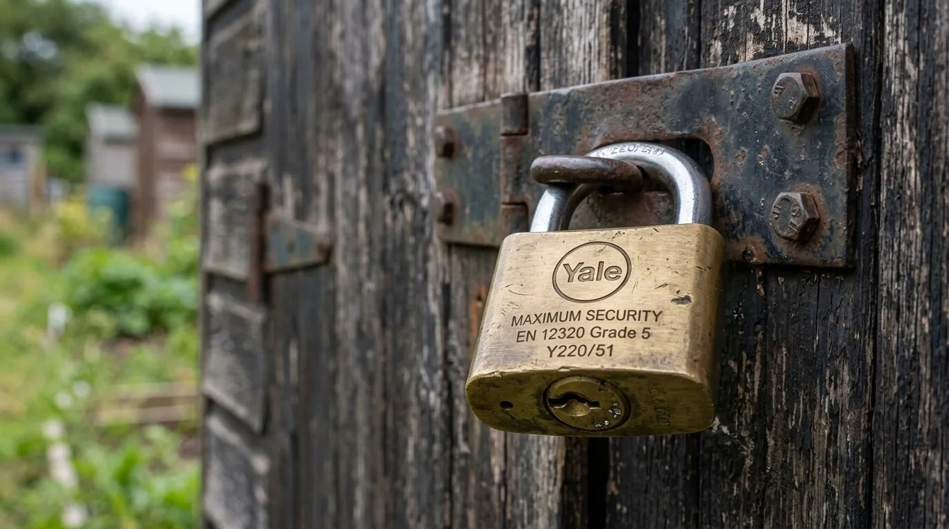 Close-up of a closed-shackle padlock and steel hasp on a wooden allotment shed door
