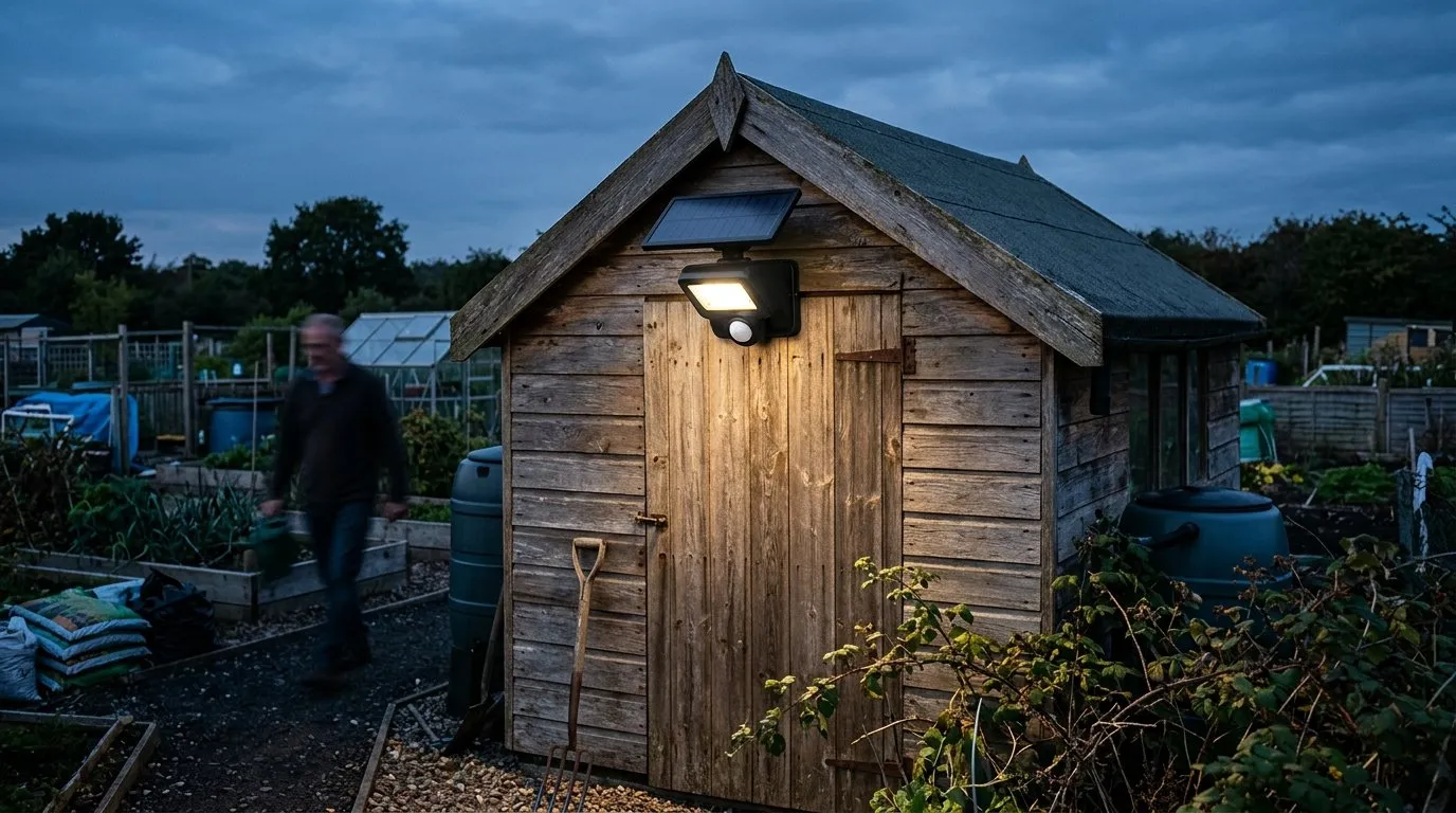 Solar-powered PIR security light mounted on the roof of an allotment shed at dusk