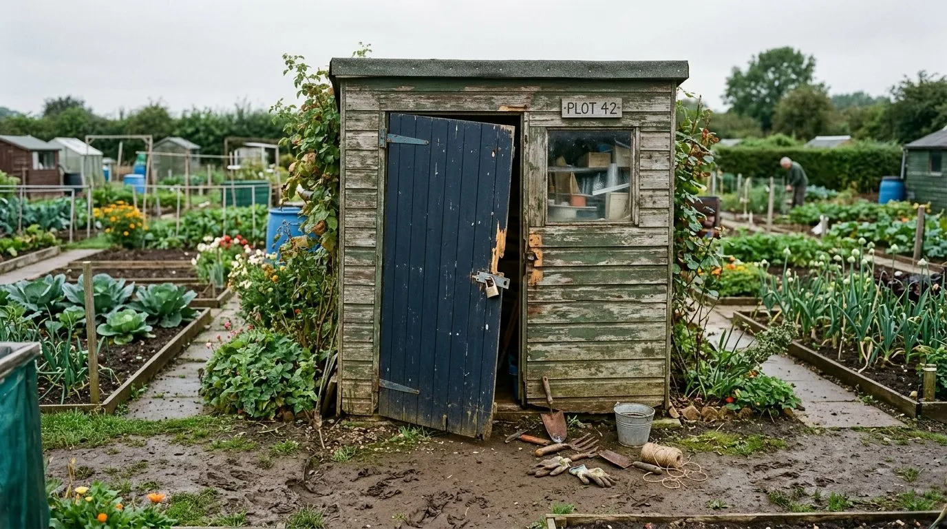 Allotment shed with door damage from a break-in, hasp pried off, illustrating need for security