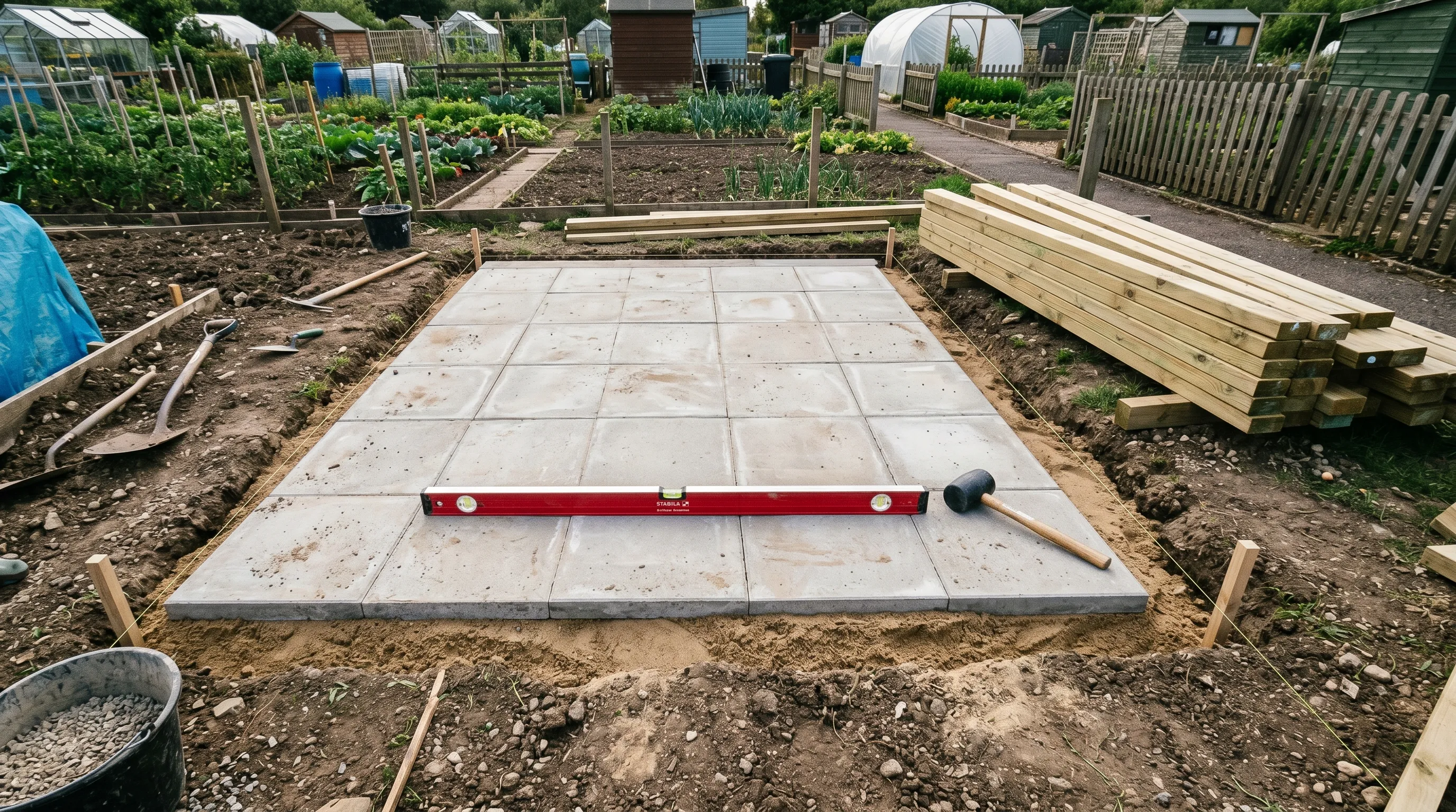 Foundation base for a new UK allotment shed showing level paving slabs laid on a compacted sand-and-cement bed with a spirit level and rubber mallet
