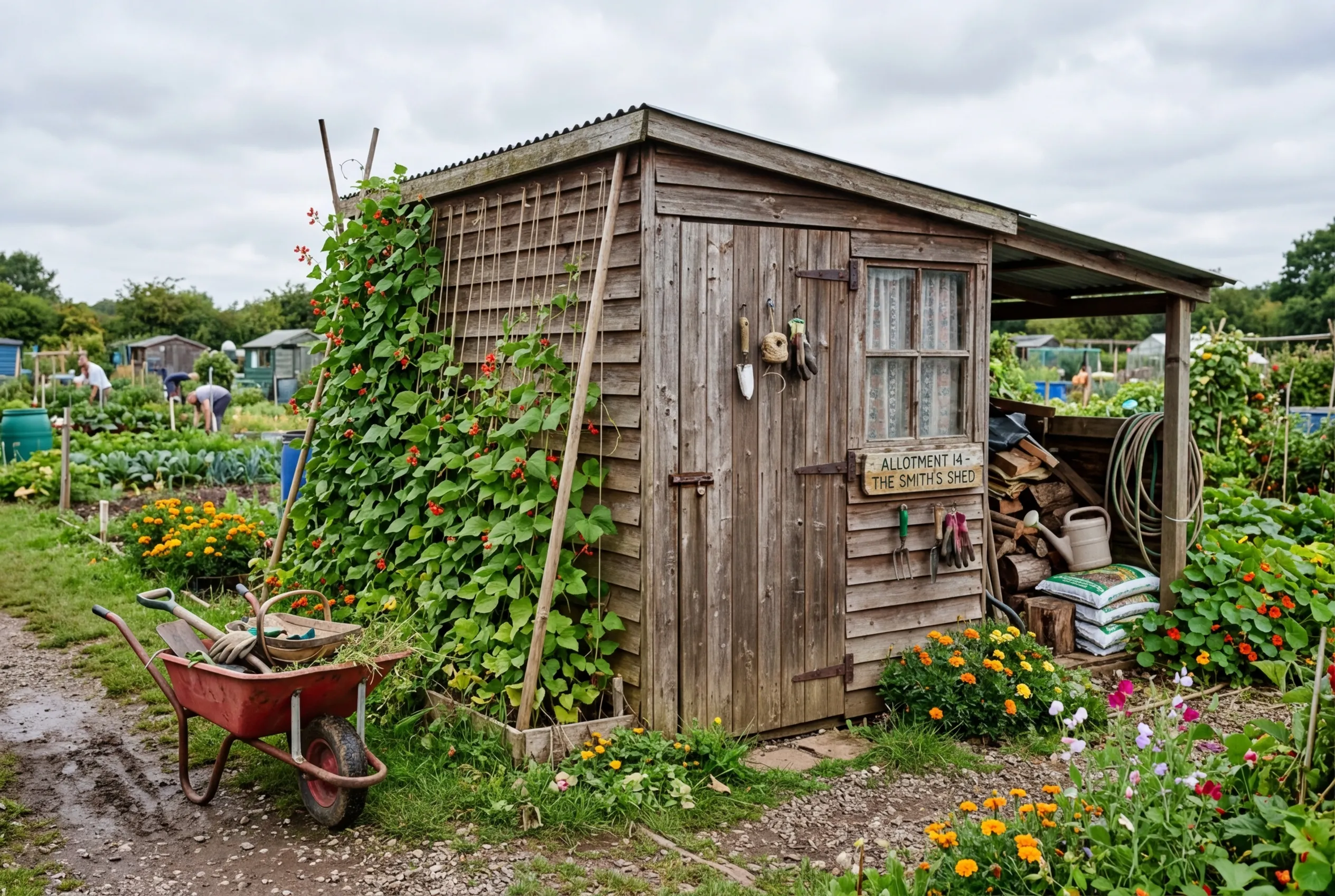 Allotment shed exterior with lean-to extension and runner beans climbing the side