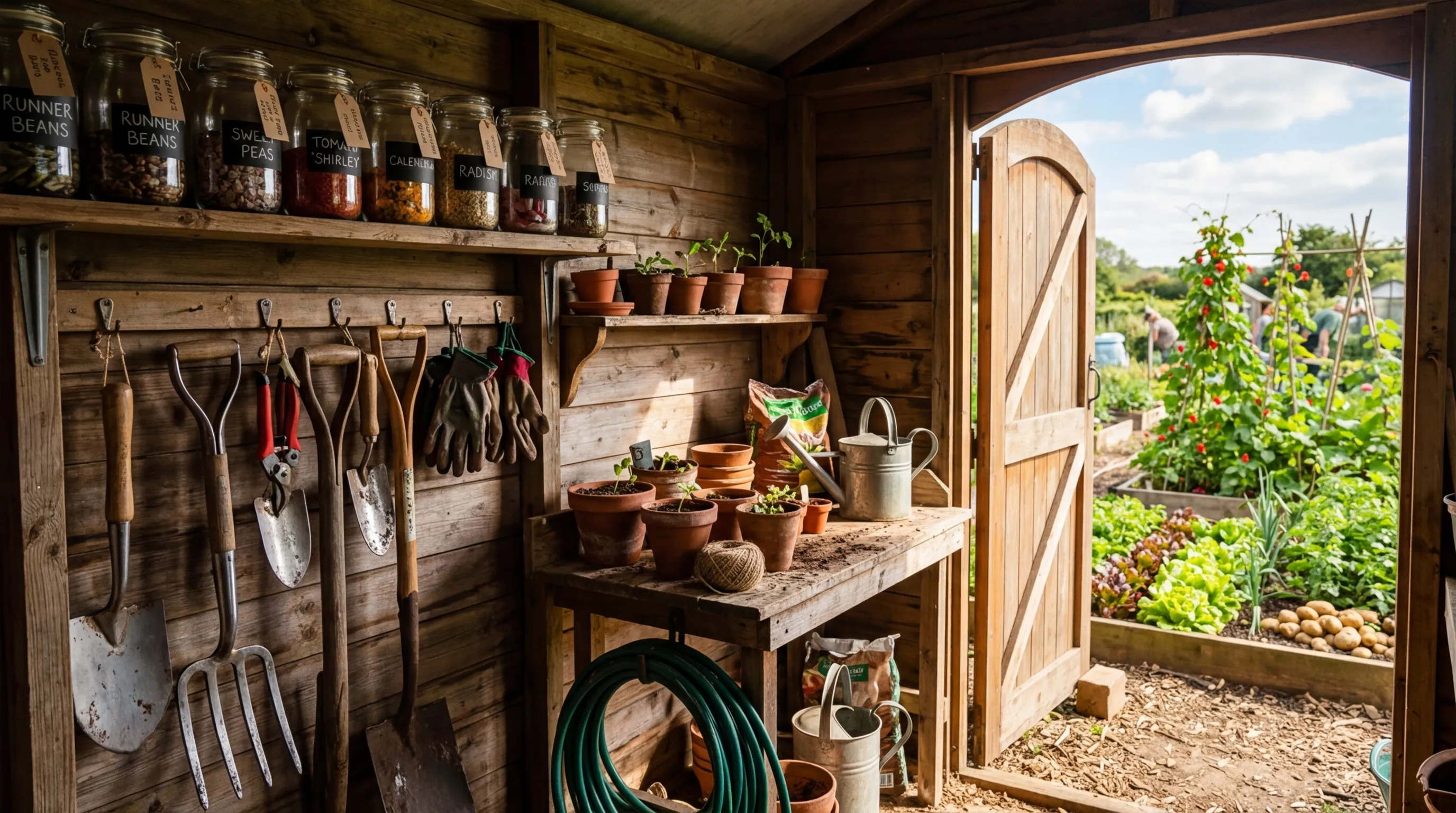 Allotment shed interior with tools on wall hooks and seed jars on shelves in afternoon light