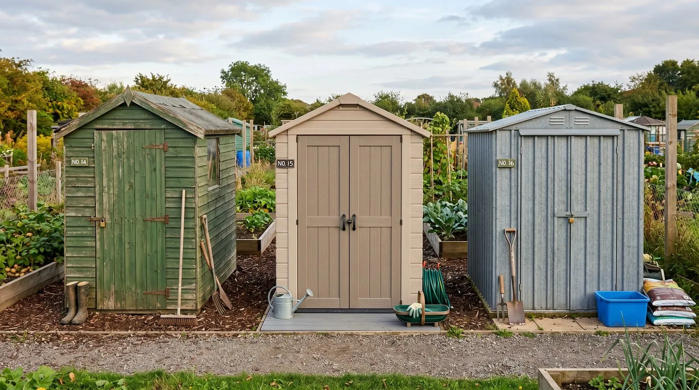 Side-by-side comparison of three UK allotment sheds: green-painted timber, tan-coloured plastic, and galvanised steel on a UK allotment site