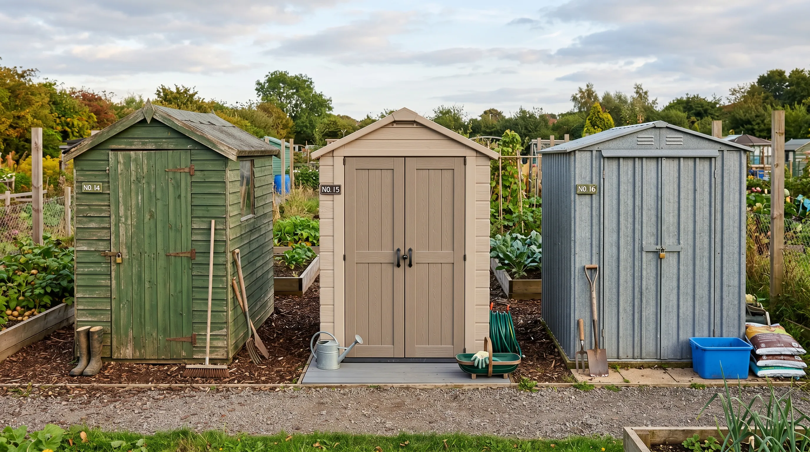 Side-by-side comparison of three UK allotment sheds: green-painted timber, tan-coloured plastic, and galvanised steel on a UK allotment site
