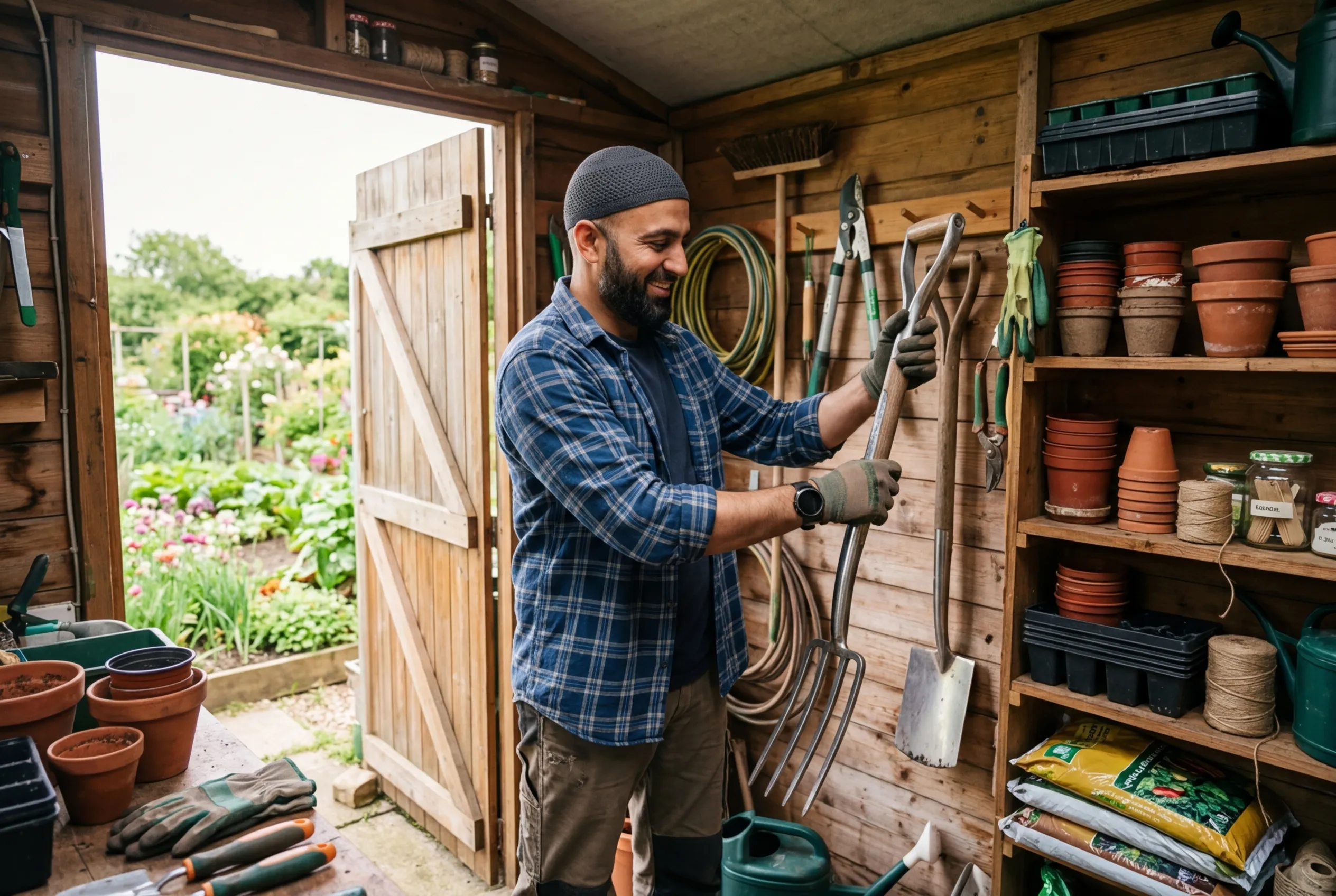A Muslim British man organising allotment tools on a wall-mounted rack inside a tidy shed