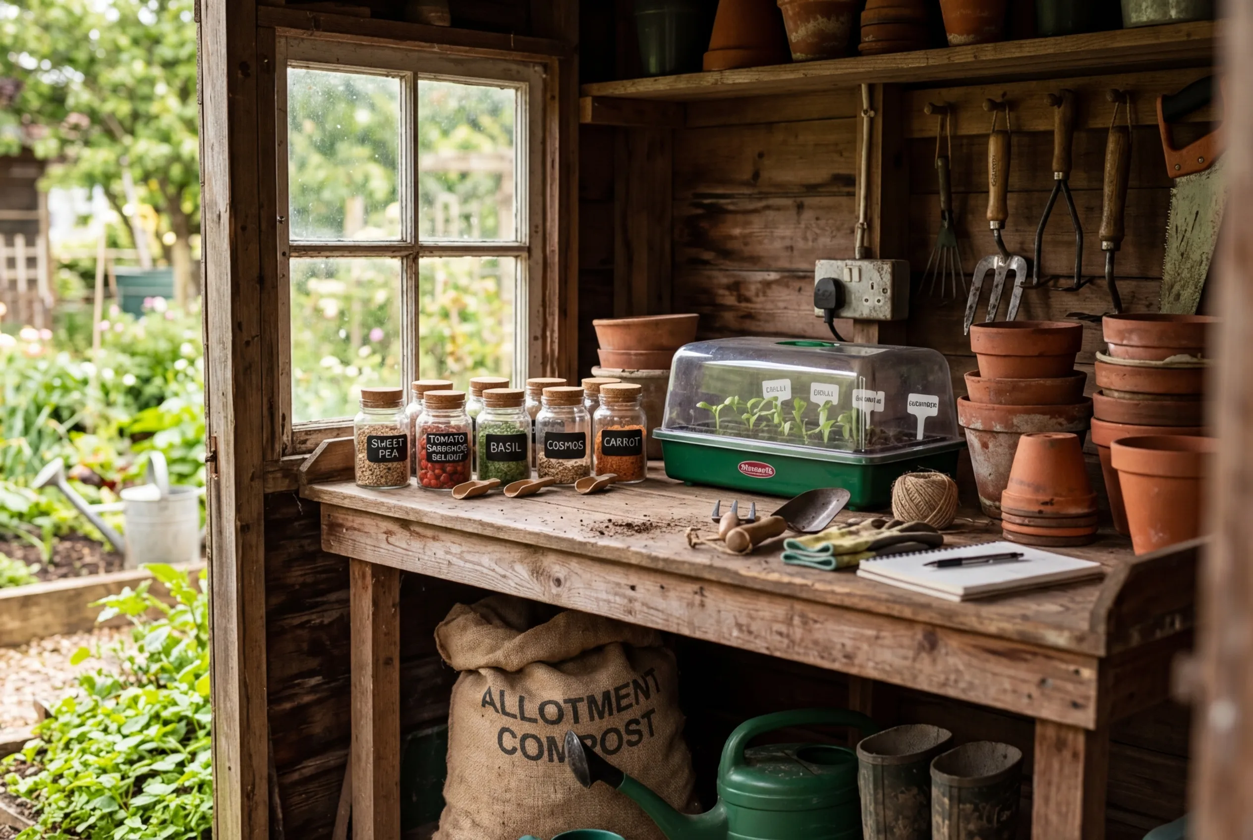 Compact potting bench inside an allotment shed with seed jars and propagator
