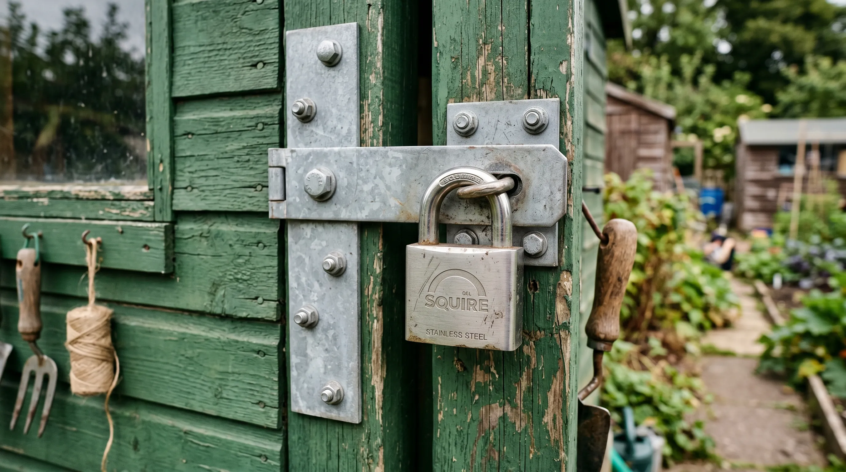Hasp-and-staple padlock with a heavy-duty stainless steel closed shackle padlock fitted to the door of a green timber UK allotment shed